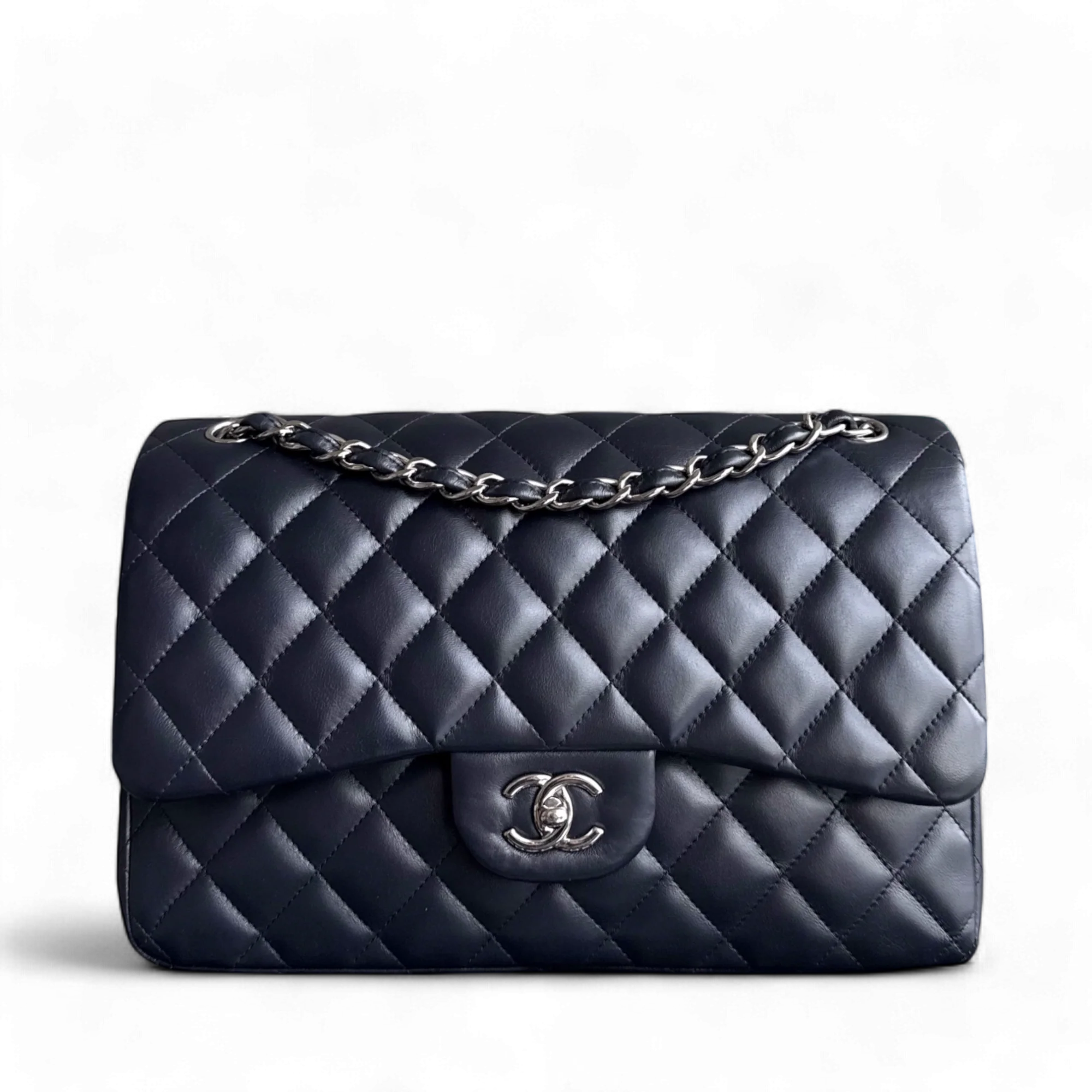 Chanel Classic Flap Jumbo - Double Flap Lambskin 30CM Quilted Dark Navy Blue Silver Hardware Series 23