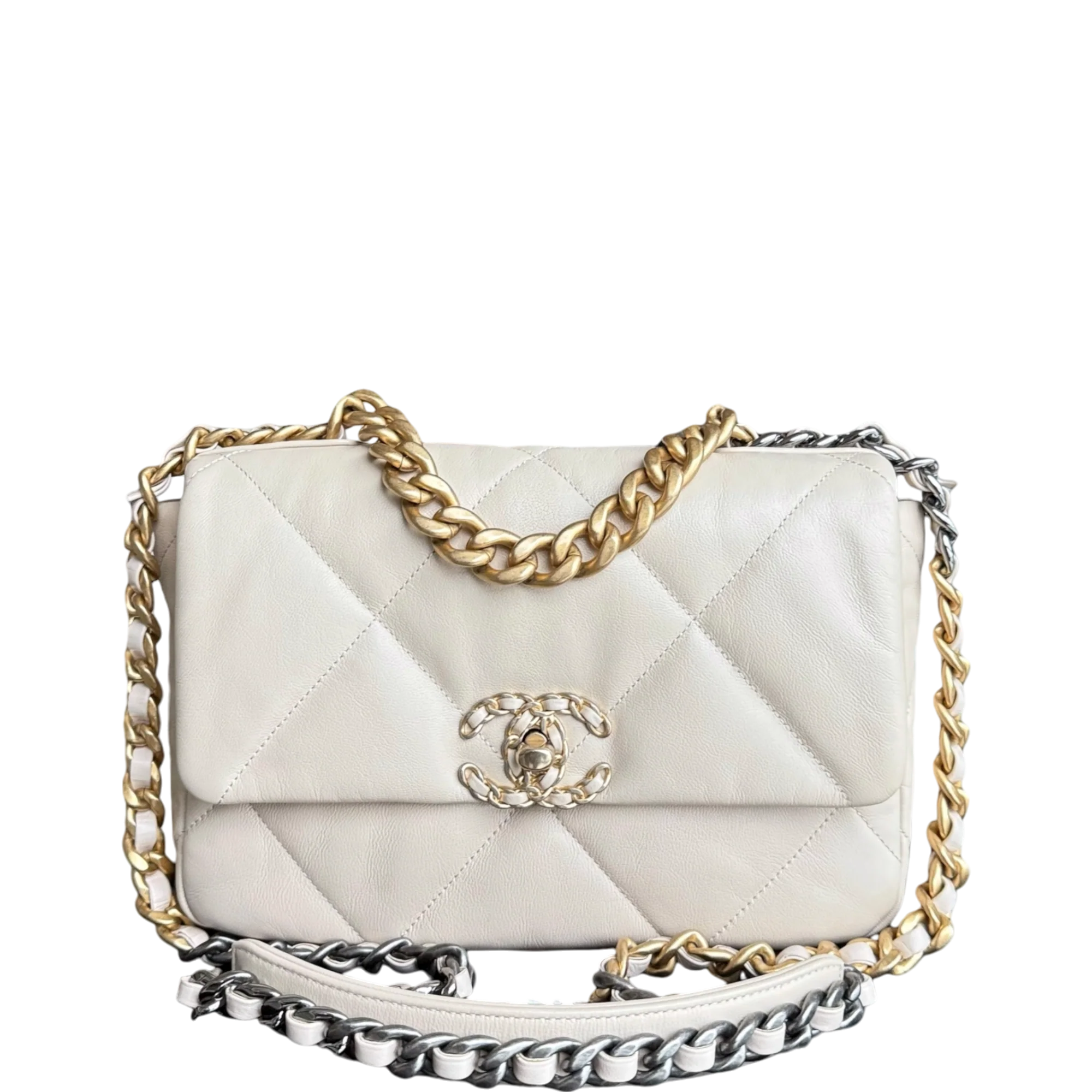 Chanel 19 Bag  Small- C19 Quilted Goatskin Light Beige Cream Two-tone Hardware Series 30