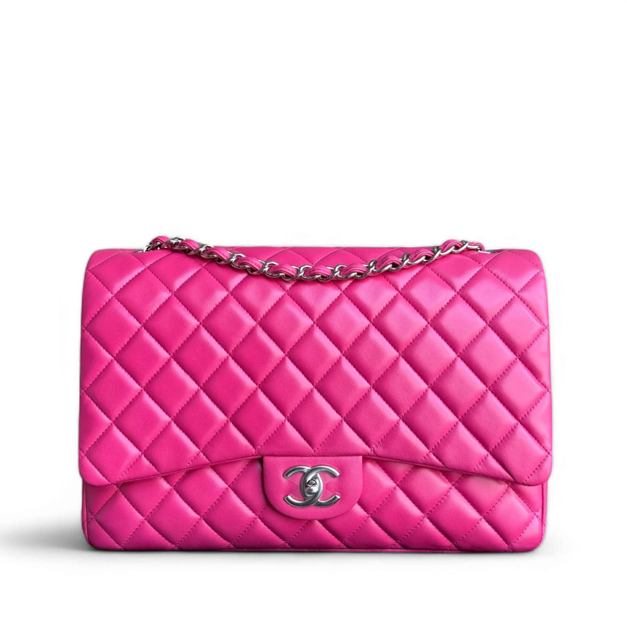 Chanel Classic Flap Maxi - Double Flap 33CM Quilted Lambskin Hot Pink Silver Hardware Series 19