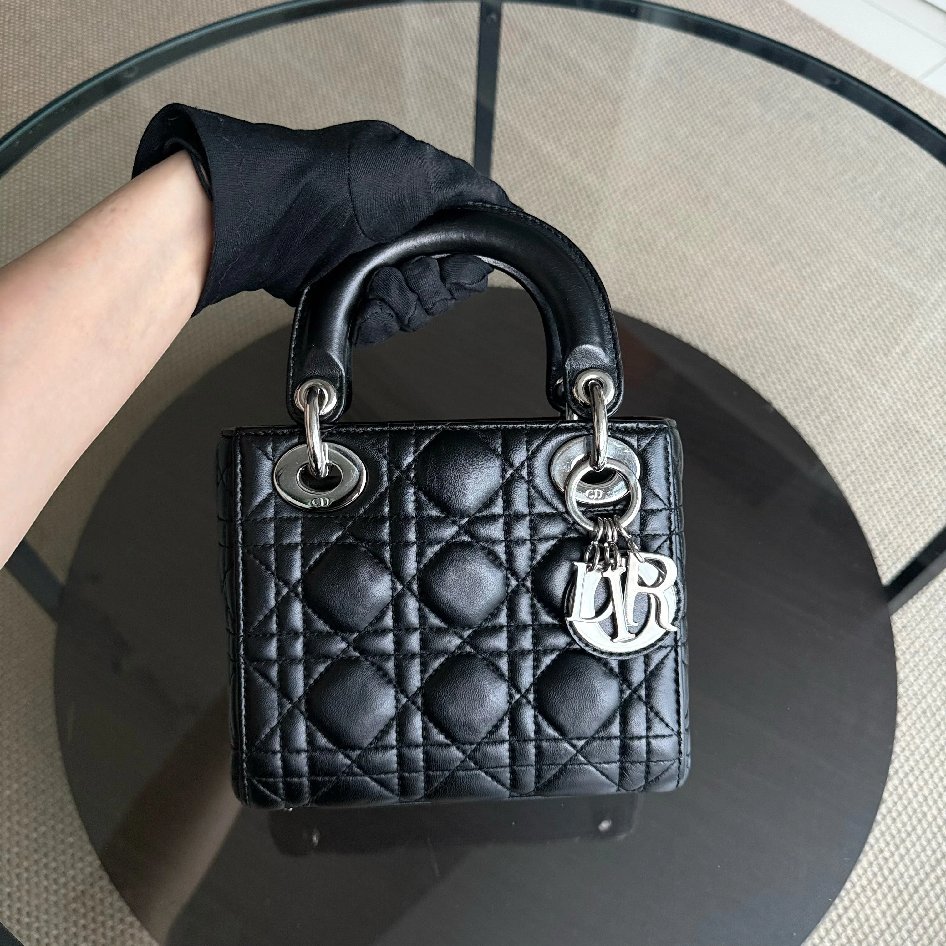 Dior Lady Mini - Cannage Lambskin Black Silver Hardware Adjustable Strap