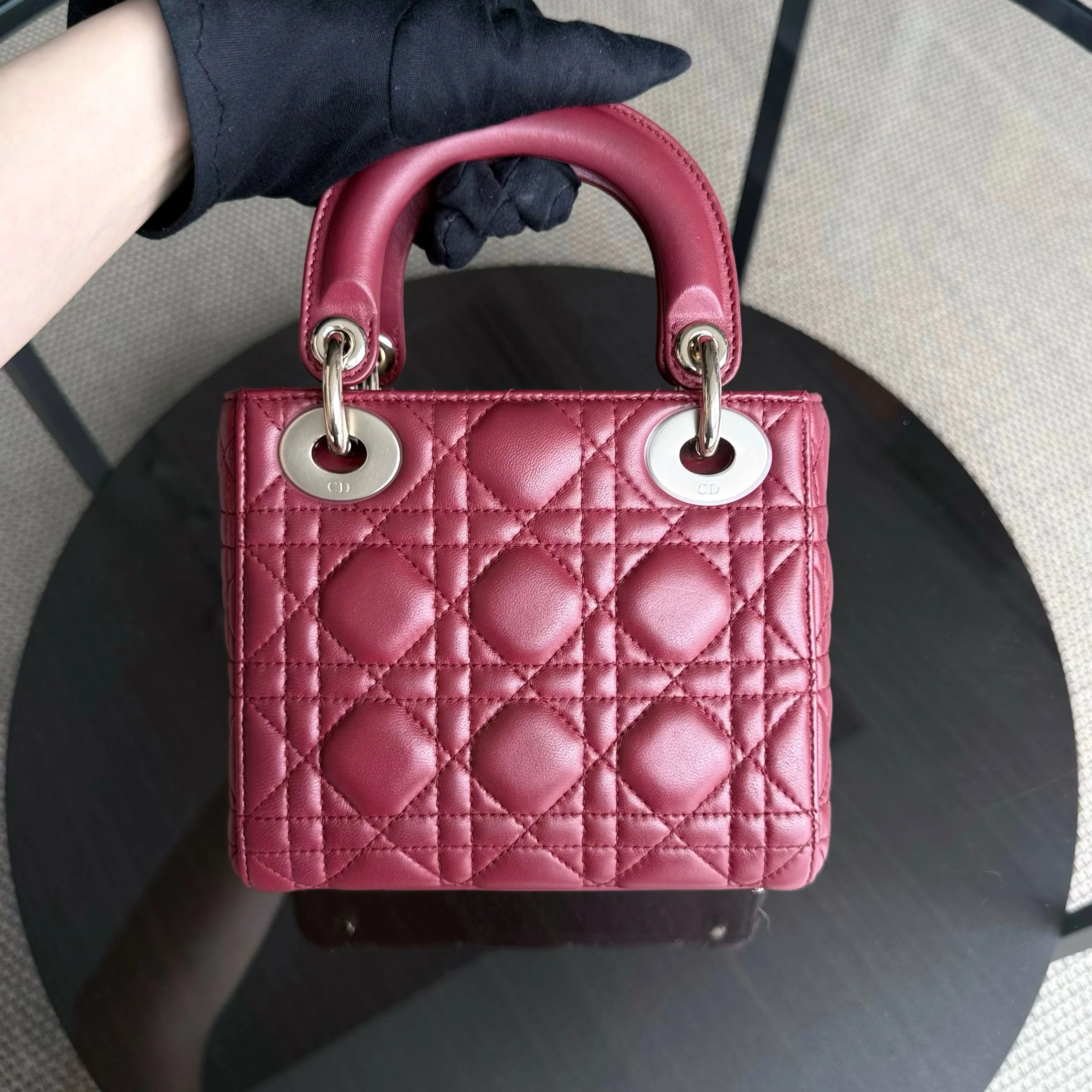Dior Lady Mini - Cannage Lambskin Dark Red Gold Hardware Chain Strap