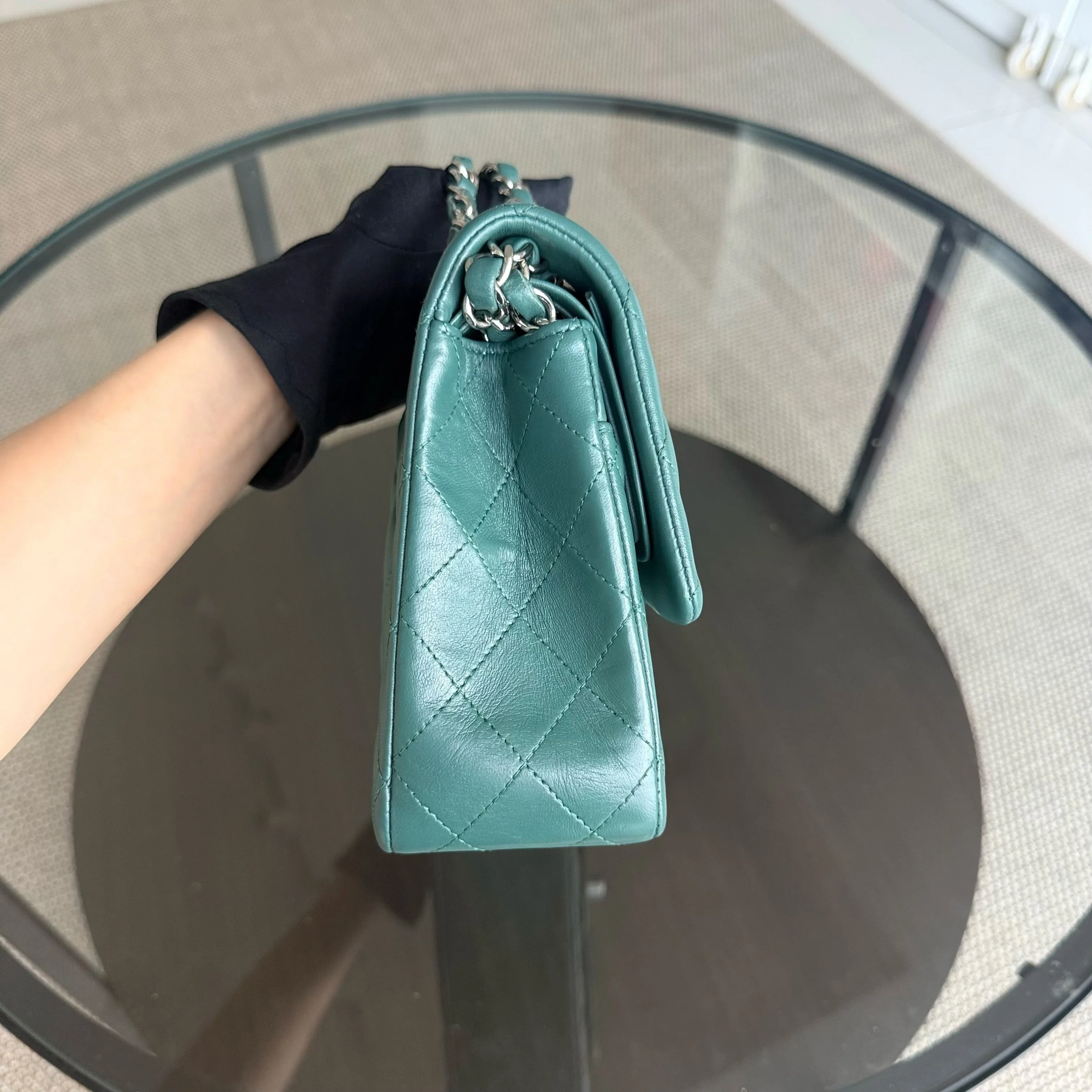 Chanel Classic Flap Medium - 25CM Quilted Lambskin Olive Green Blue Silver Hardware Series 26