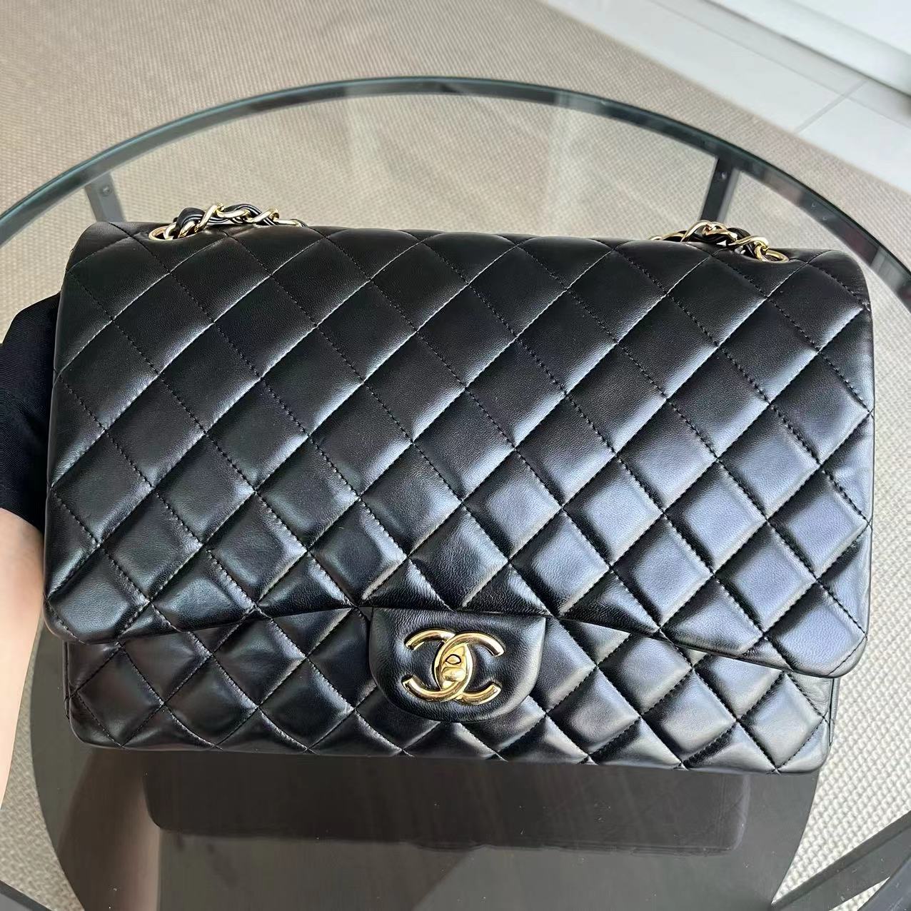 Maxi Classic Flap Double Flap Quilted Lambskin Black Golden Hardware Series 14