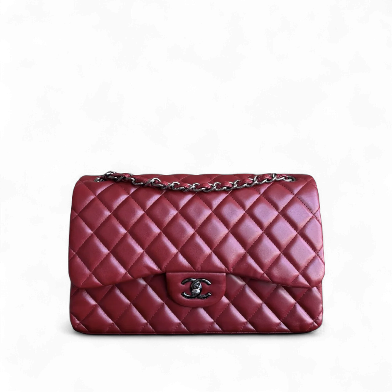 Chanel Classic Flap Jumbo - Double Flap 30CM Quilted Lambskin Dark Red Silver Hardware Series 15