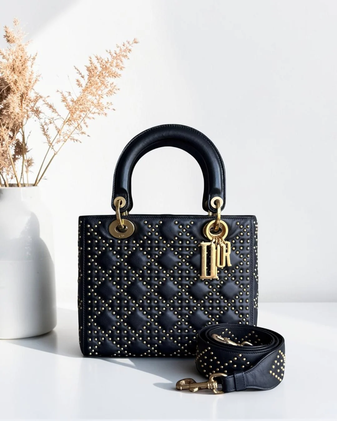 Dior Lady Medium Flap - Studded Cannage Calfskin Black Gold Hardware