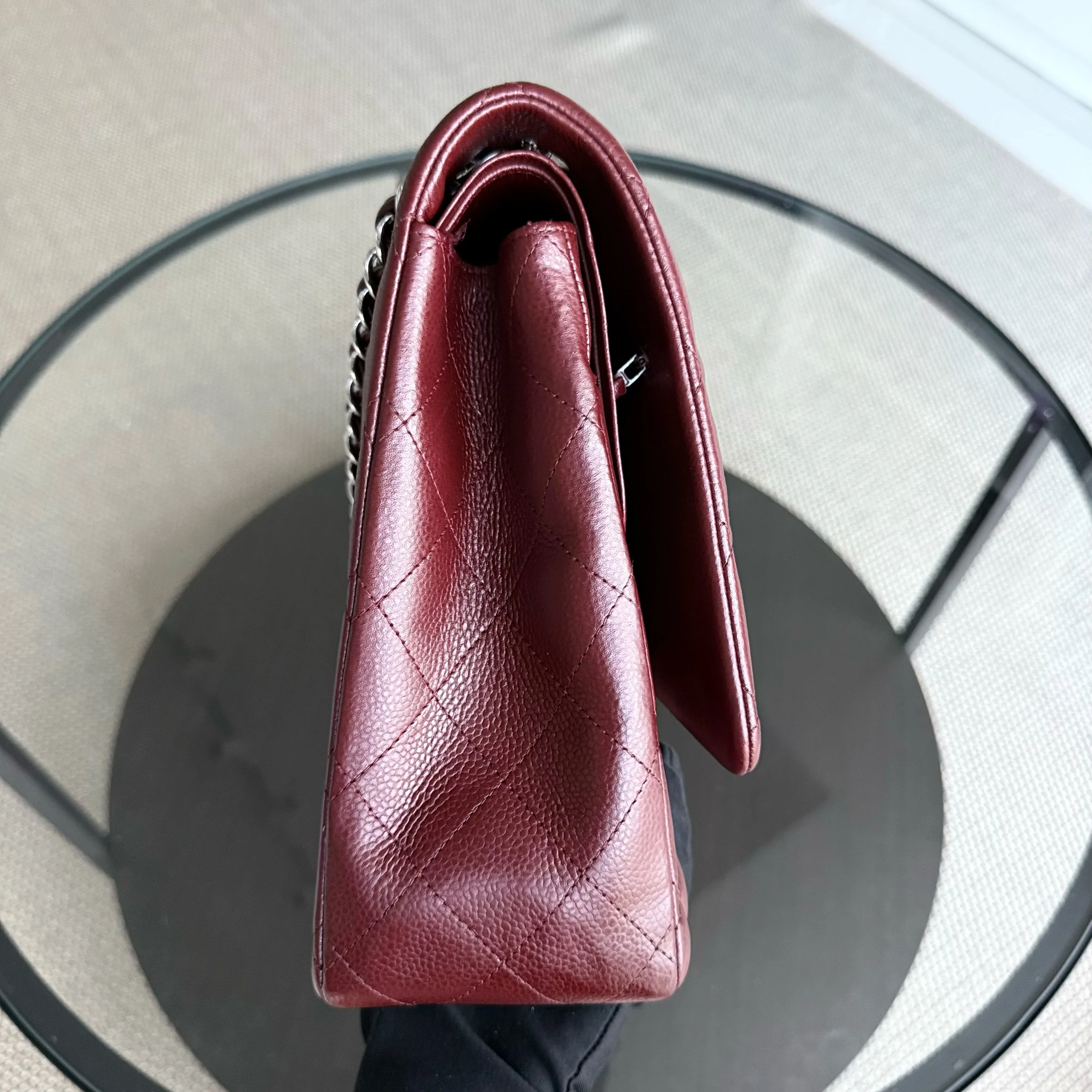 Chanel Classic Flap Maxi - Caviar Double Flap 33CM Quilted Grained Calfskin Burgundy Dark Red Silver Hardware Series 15