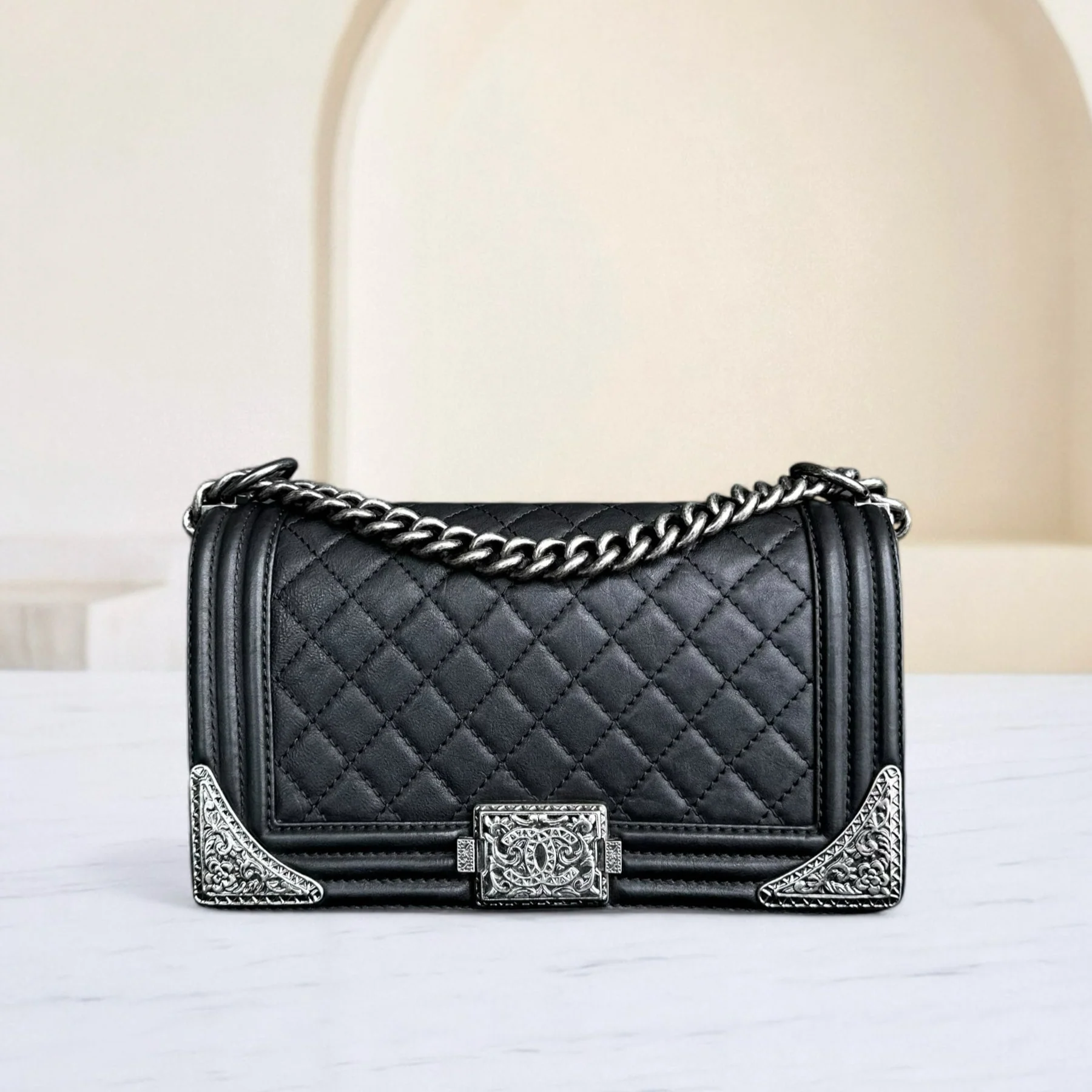 Chanel Boy Medium - 25CM Paris-Dallas Metal Edge Grained Calfskin Black Silver Hardware Series 19