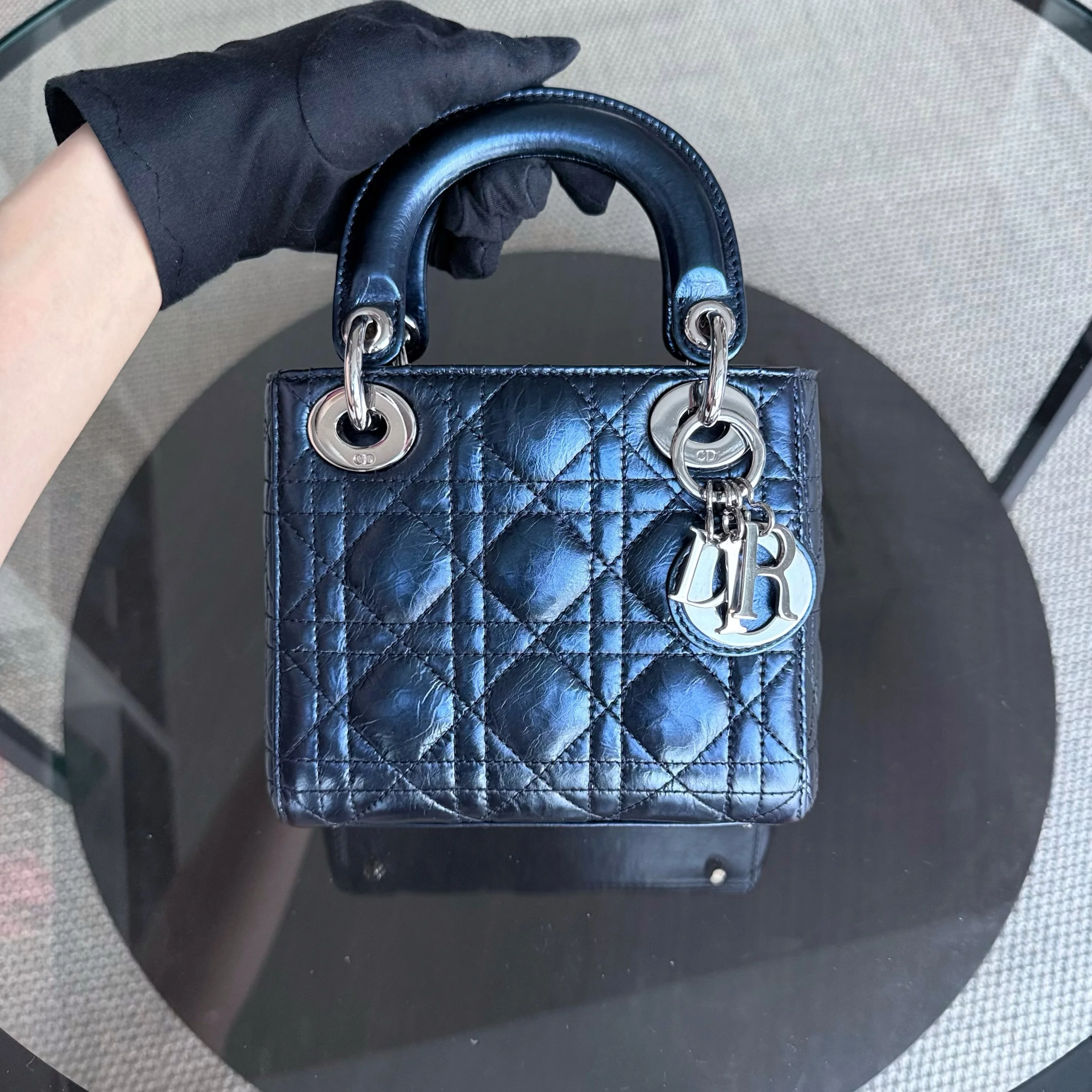 Dior Lady Mini - Cannage Glazed Calfskin Metallic Blue Silver Hardware