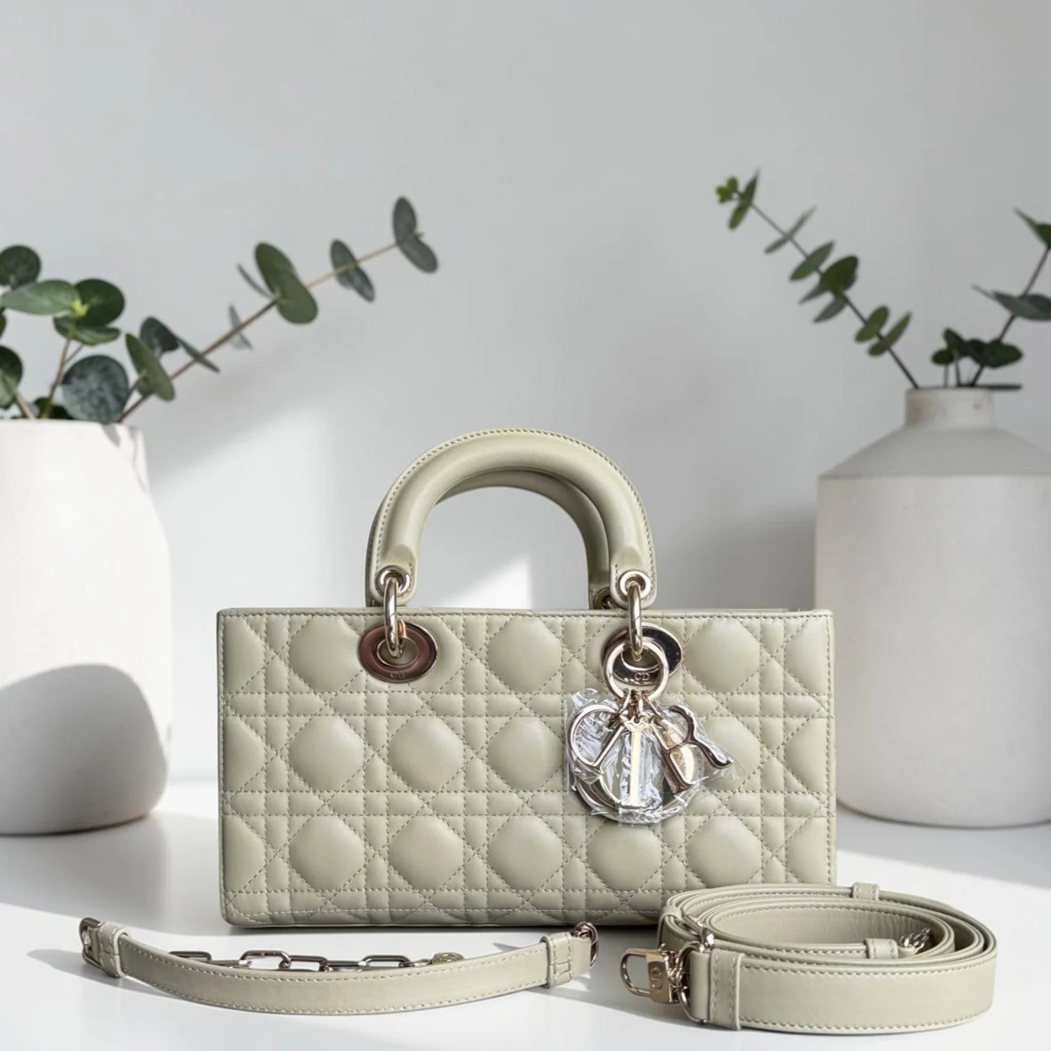 Dior D-Joy Medium - Cannage Lambskin Light Lime Beige Gold Hardware