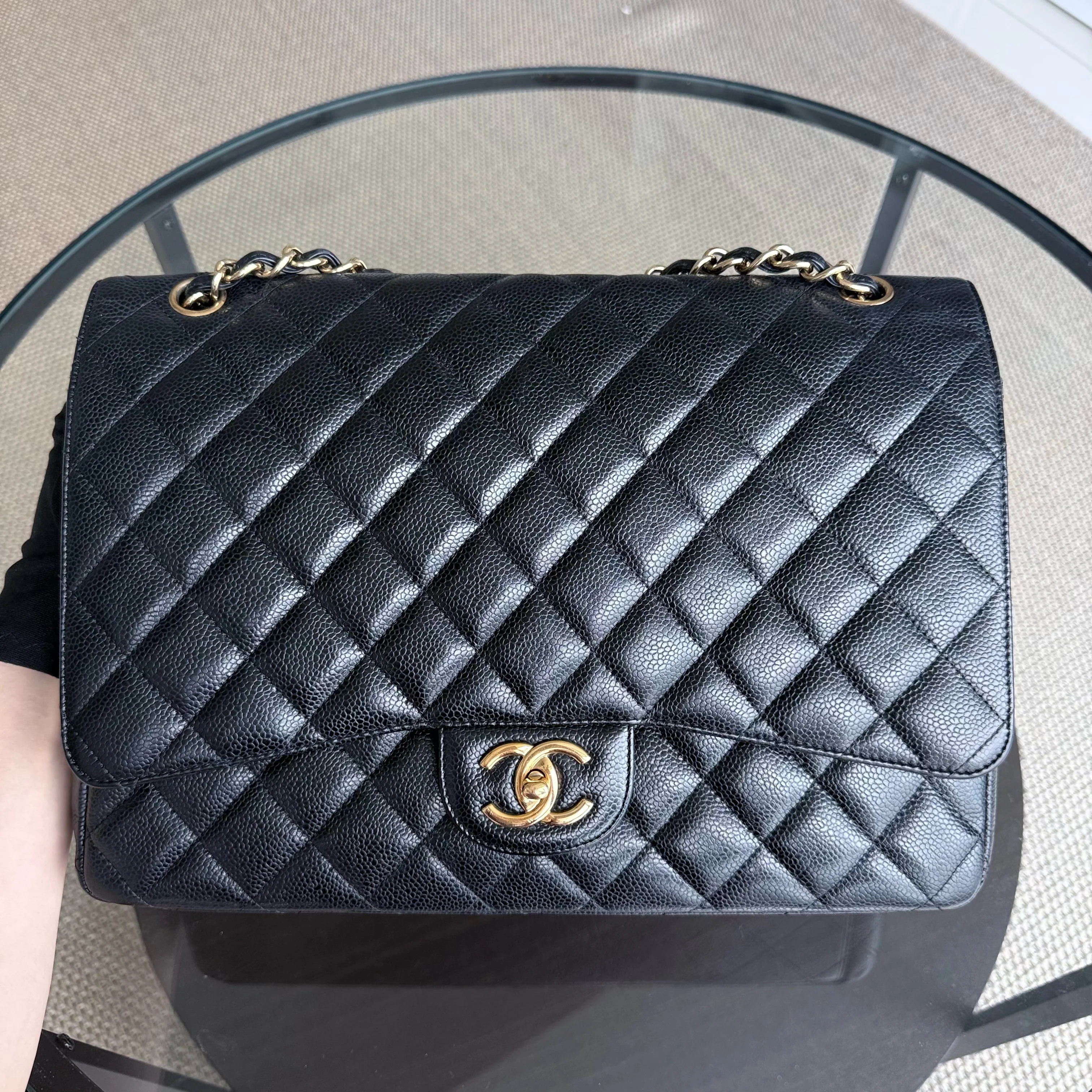 Chanel Classic Flap Maxi - Caviar Double Flap 33CM Quilted Black Gold Hardware Series 15
