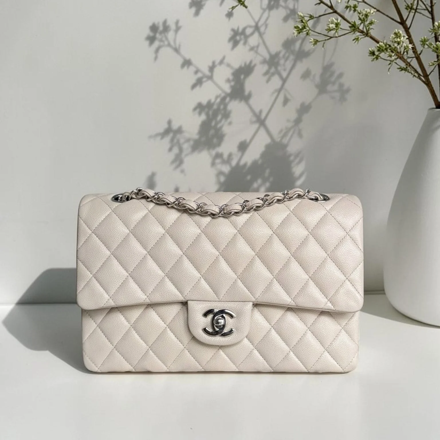 Chanel Classic Flap Medium - Caviar 25CM Quilted Double Flap Light Gray Grey Silver Hardware Series 26