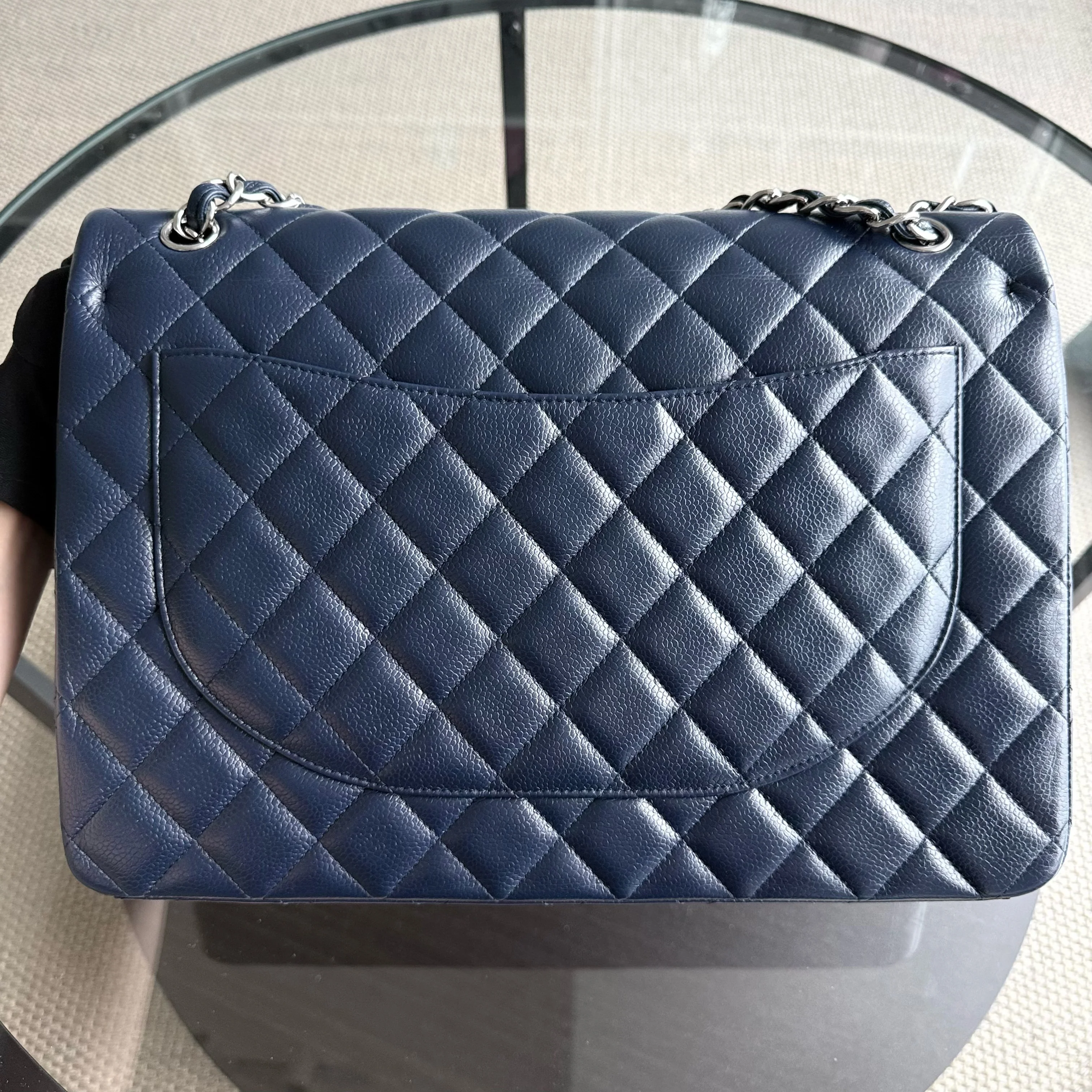 Chanel Classic Flap Maxi - Caviar Double Flap 34CM Quilted Dark Blue Silver Hardware Series 15
