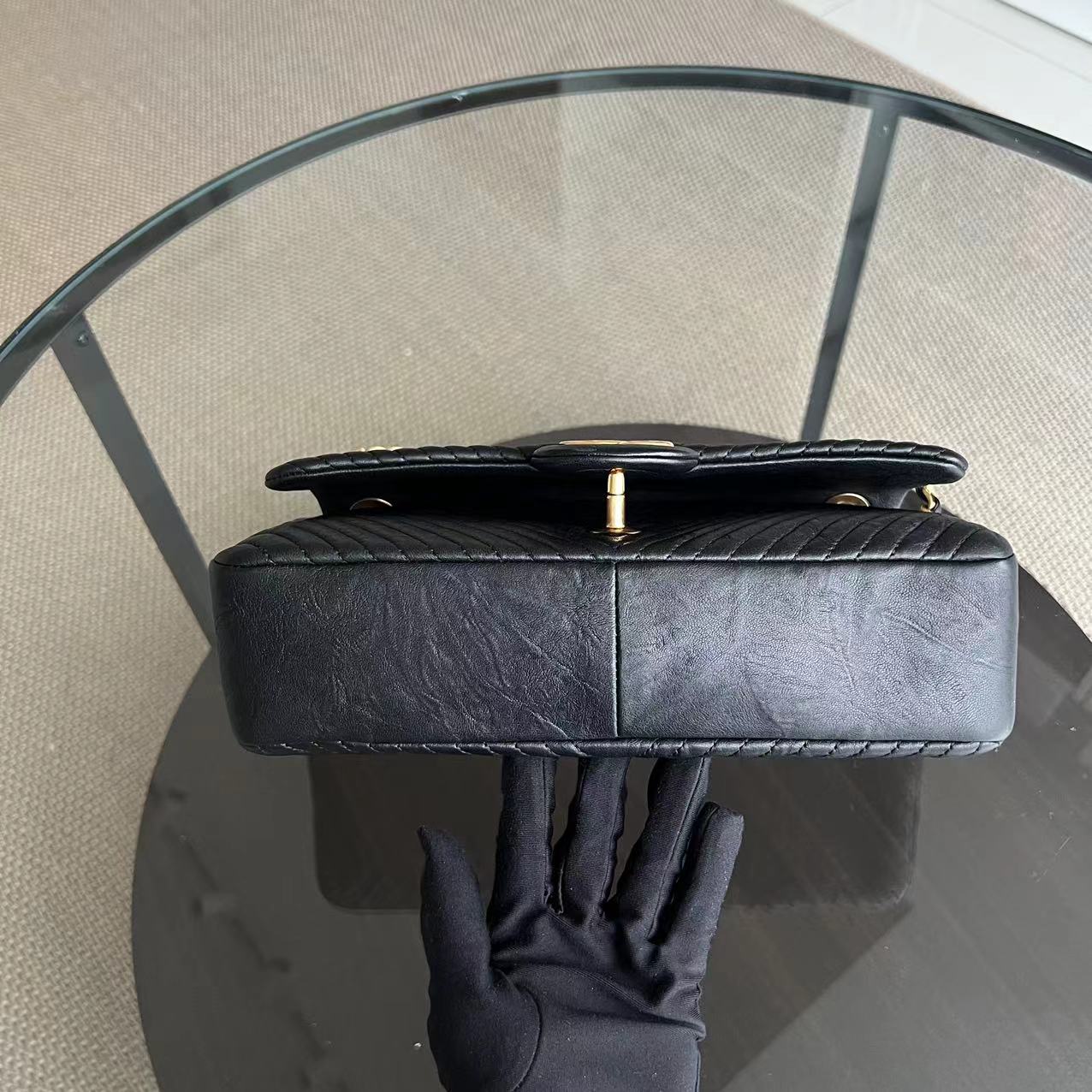 Chanel Herringbone - Medium Seasonal Flap Black Aged Calfskin Golden Hardware Series 19