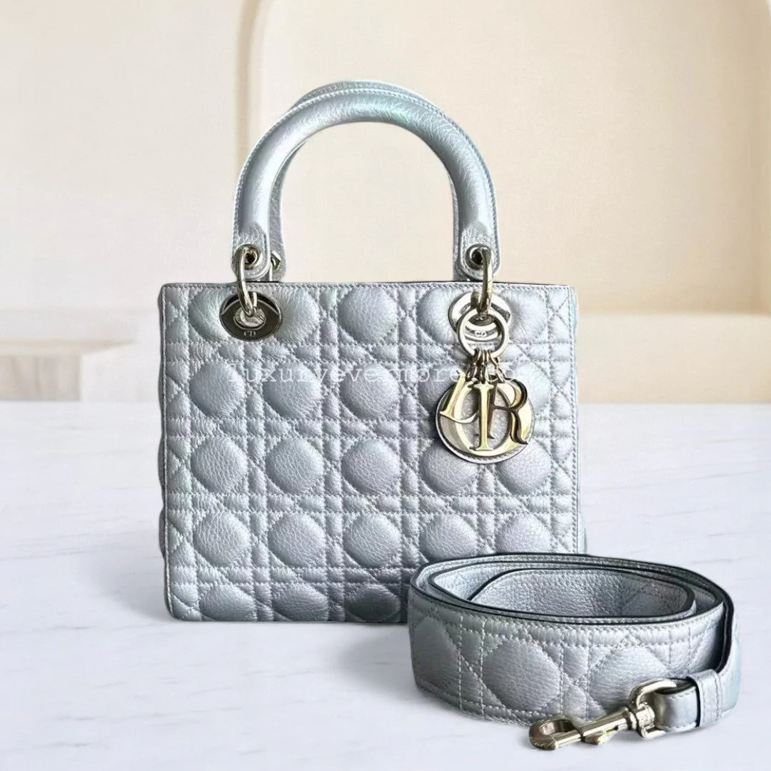 *Flap Open* Dior Lady Medium - Grained Calfskin Metallic Silver Golden Hardware