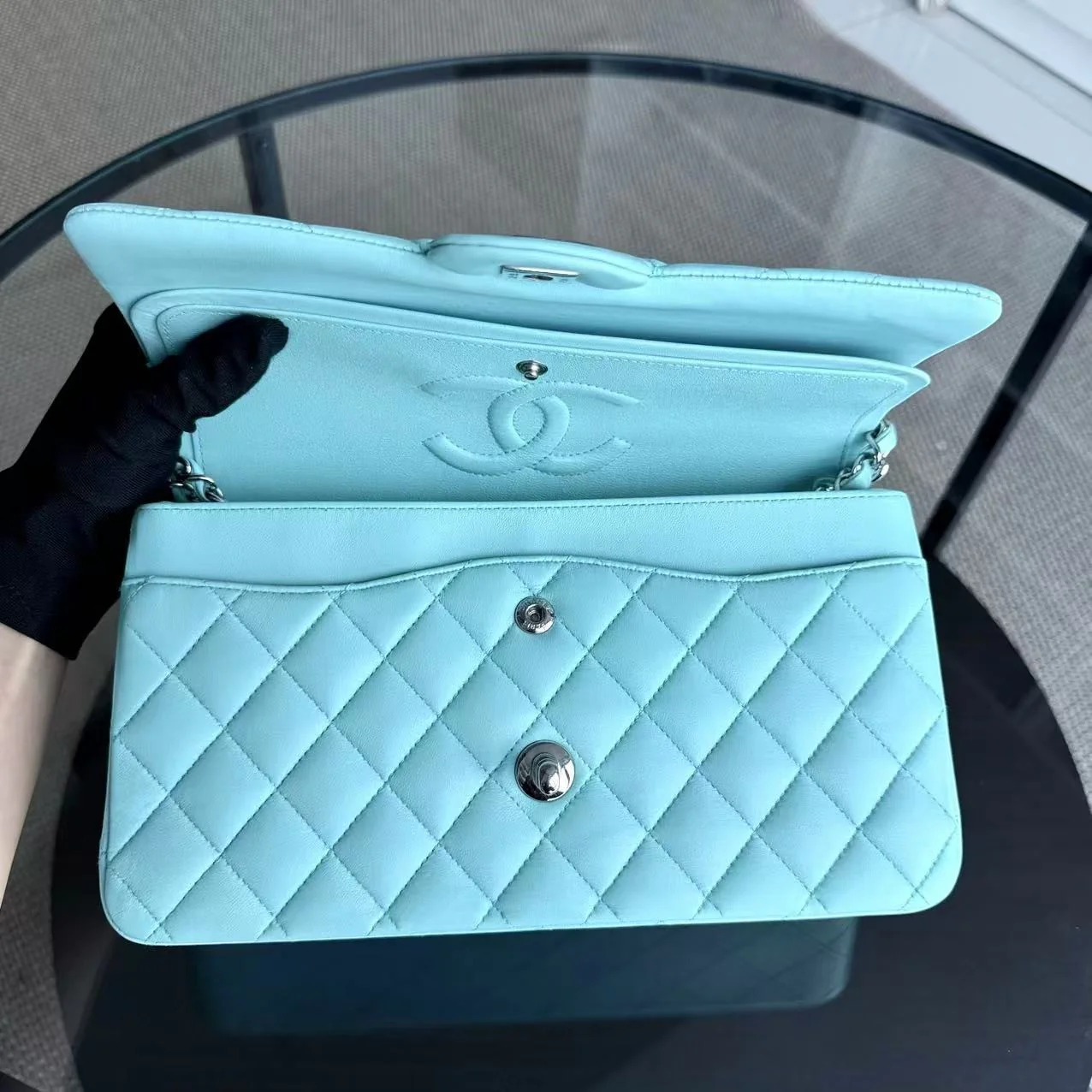 Chanel Classic Flap Medium - 25CM Quilted Lambskin Tiffany Blue Silver Hardware Series 27
