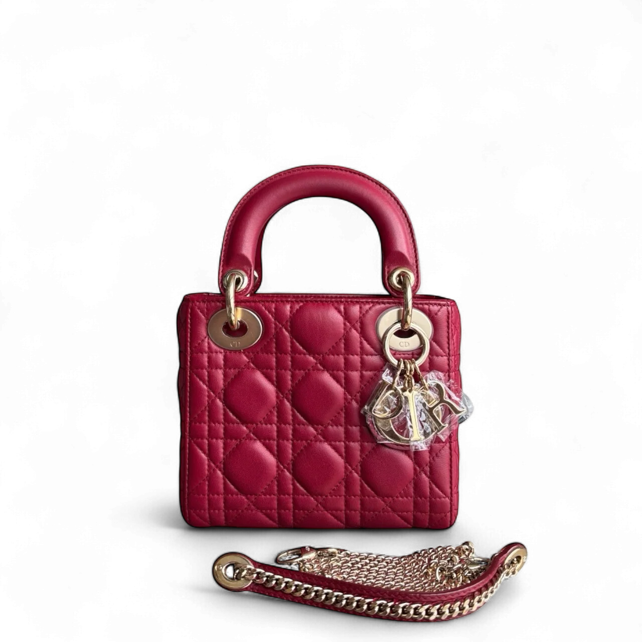 Dior Lady Mini - Cannage Lambskin Dark Red Gold Hardware Chain Strap