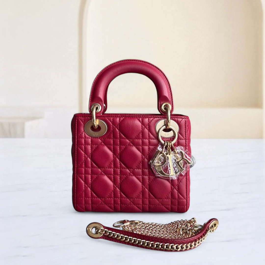 Dior Lady Mini - Cannage Lambskin Dark Red Gold Hardware Chain Strap