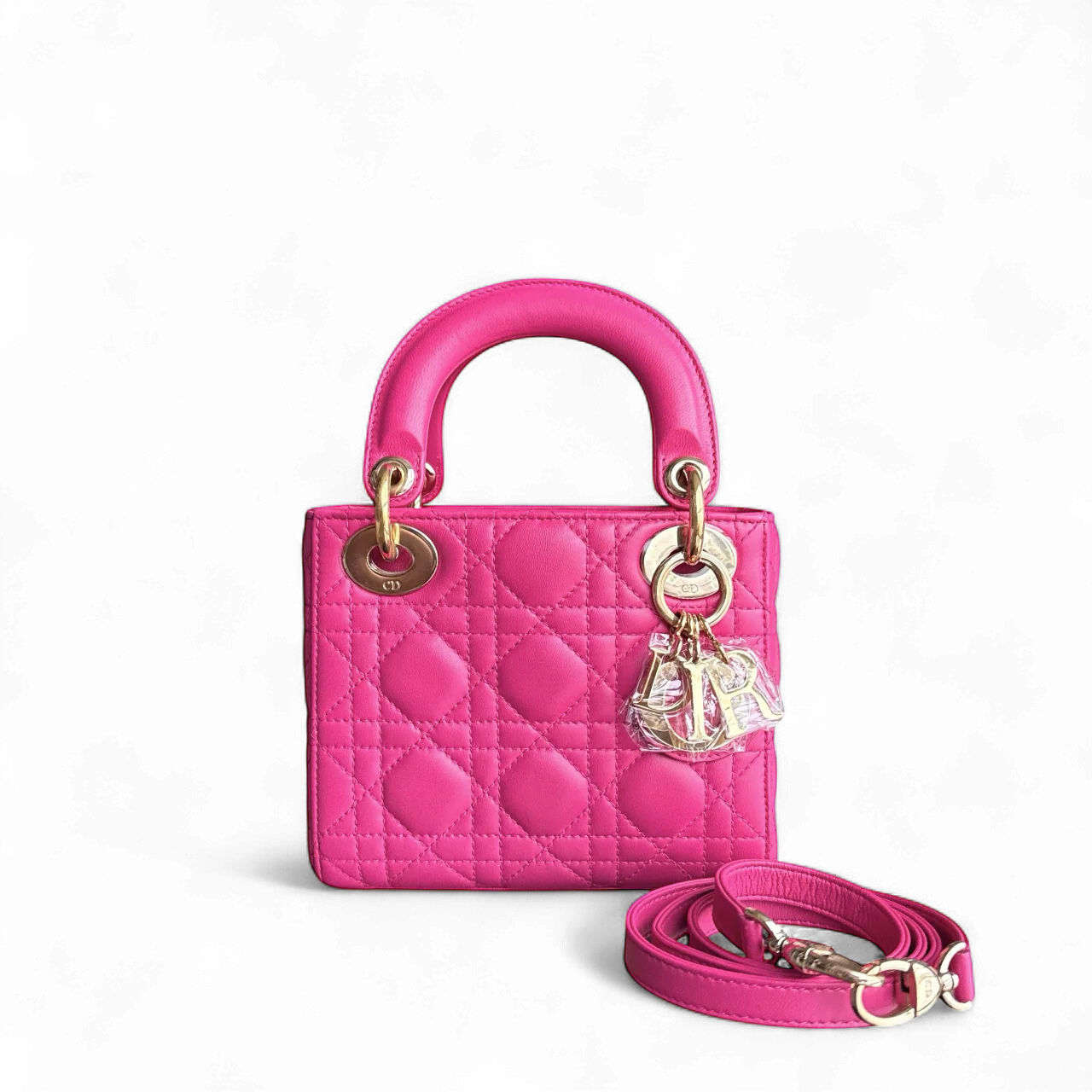Dior Lady Mini - Cannage Lambskin Hot Pink Gold Hardware Adjustable Strap