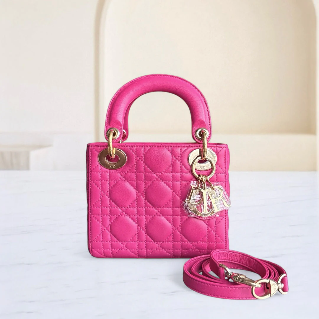 Dior Lady Mini - Cannage Lambskin Hot Pink Gold Hardware Adjustable Strap