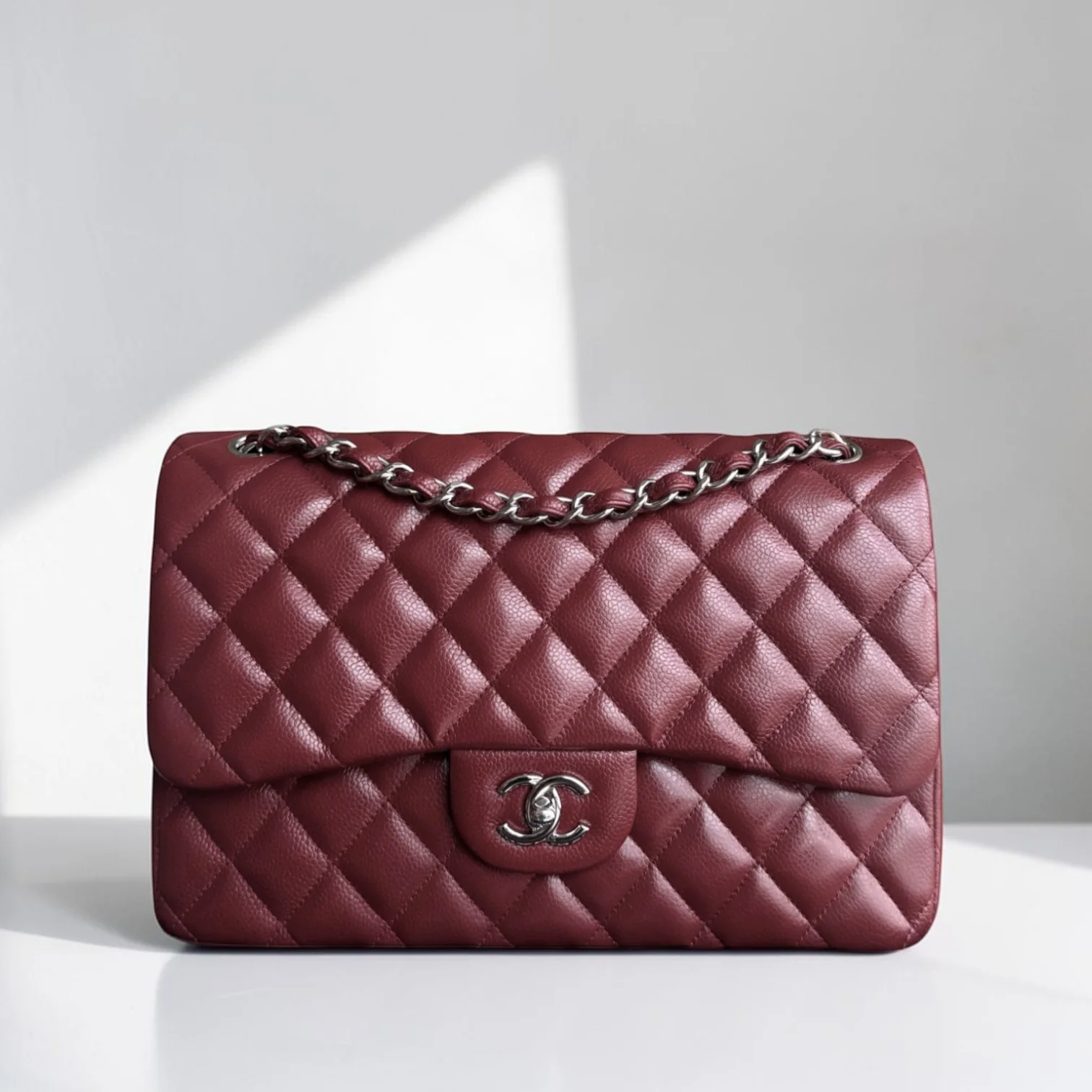 Chanel Classic Flap Jumbo - Caviar 30CM Double Flap Quilted Burgundy Silver Hardware