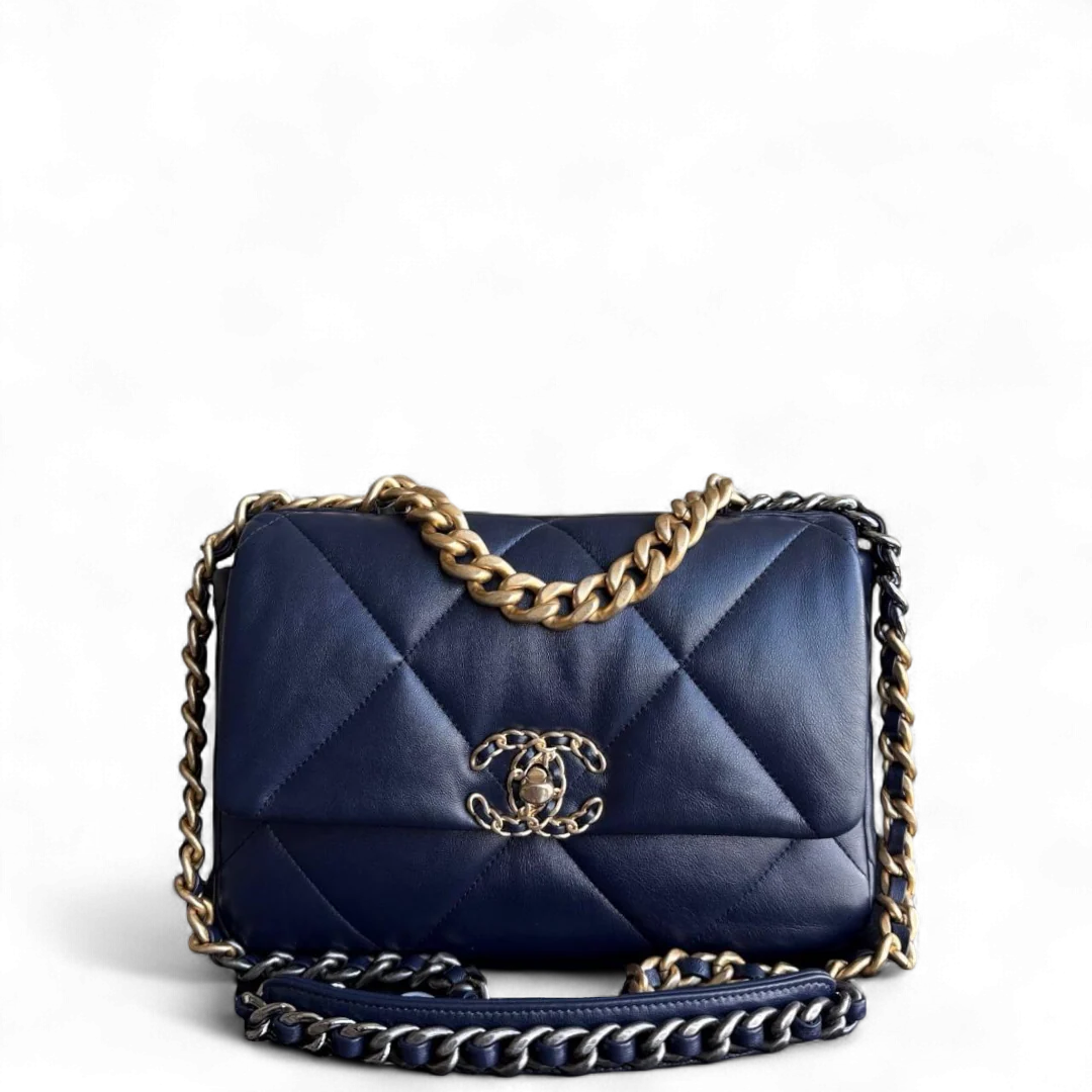 Chanel 19 Bag Small - C19 Quilted Goatskin Dark Navy Blue Two-tone Hardware Series 31