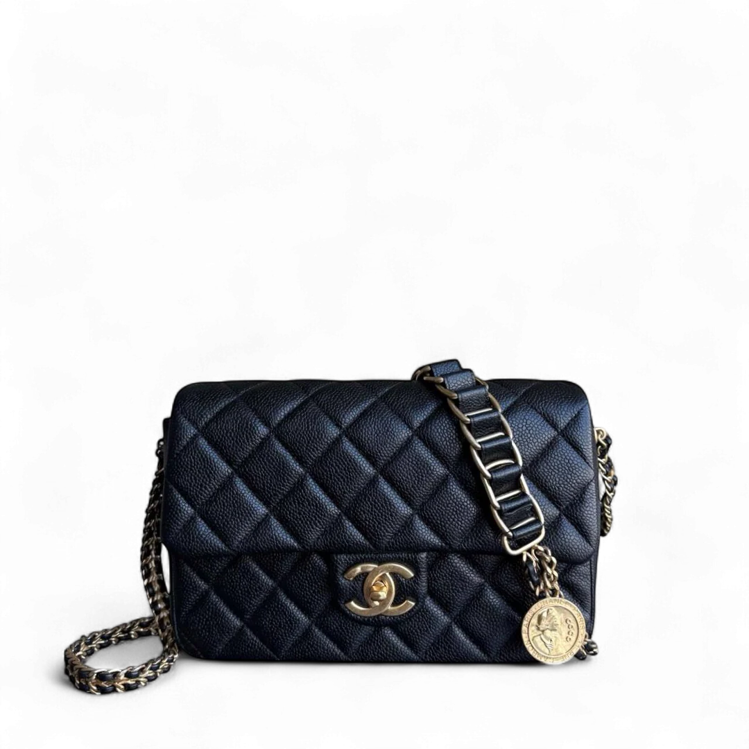 Chanel Seasonal Flap Bag - Caviar Quilted Medallion Soul Black Caviar Gold Hardware Microchip