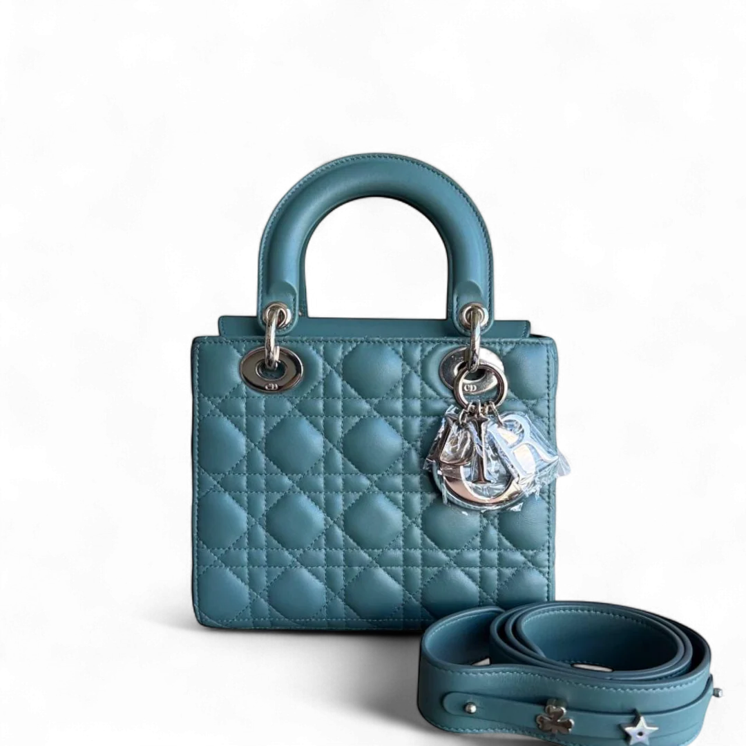 Dior Lady Small Flap - Cannage Lambskin Green Gold Hardware with Charms