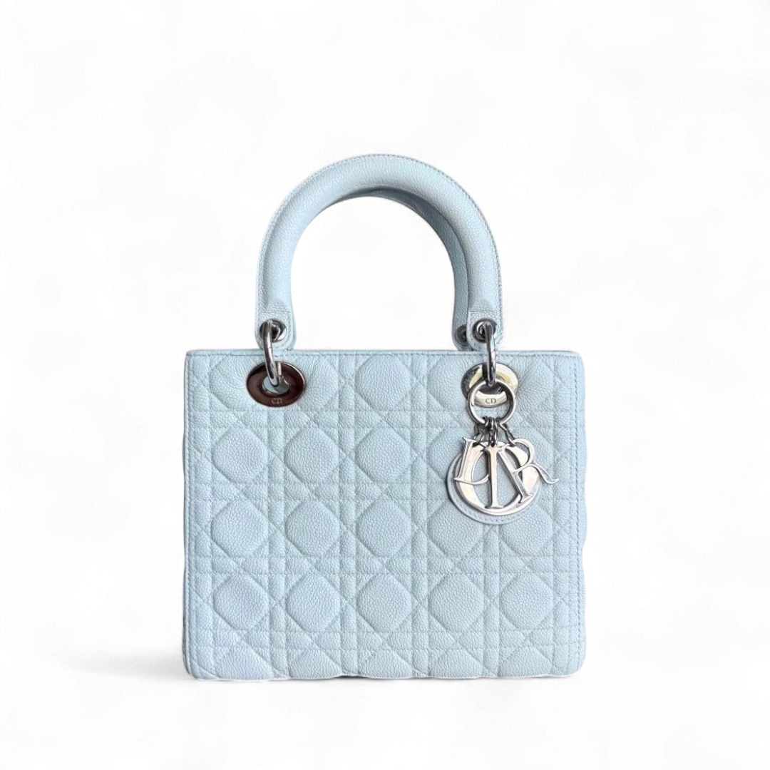 Dior Lady Medium Caviar - Grained Calfskin Cannage Glacier White Ice Blue Silver Hardware NO STRAP
