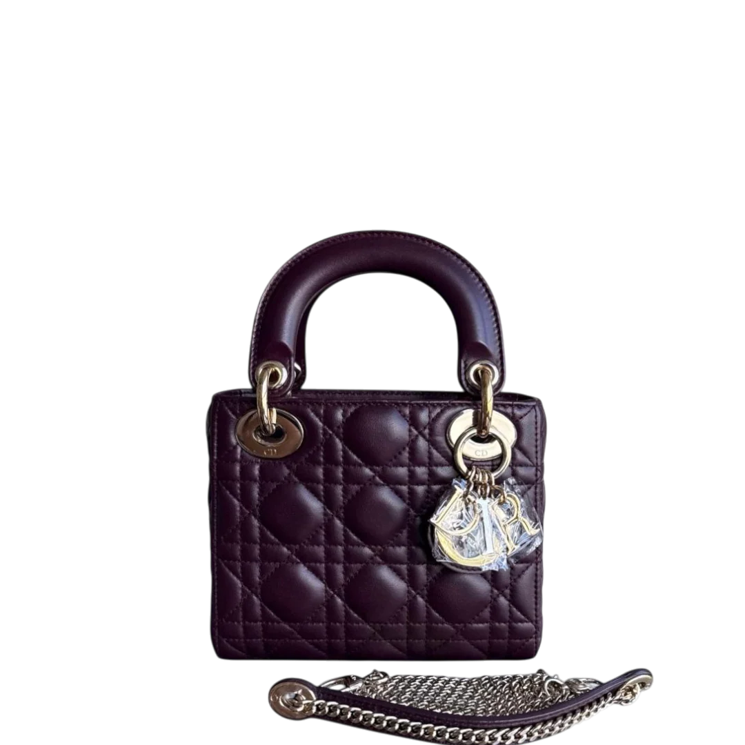 Dior Lady Mini - Cannage Lambskin Wine Burgundy Gold Hardware Chain Strap