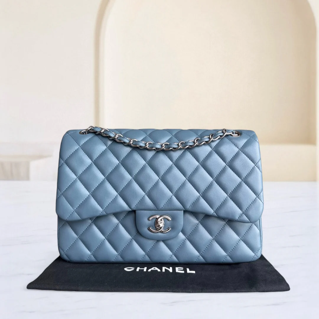Chanel Classic Flap Jumbo - 30CM Lambskin Double Flap Blue Silver Hardware Series 17