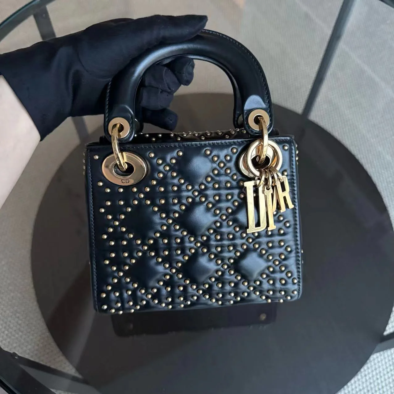 Dior Lady Mini Quilted Studded Lambskin Black Golden Hardware