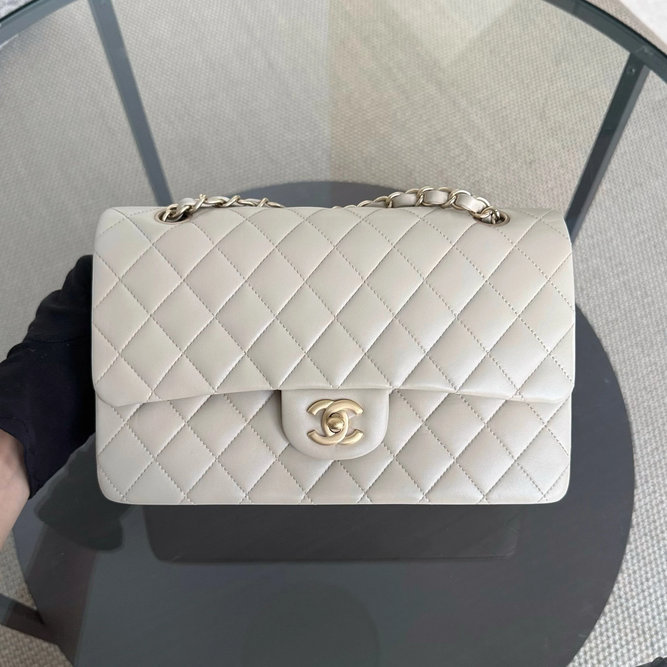 Chanel Classic Flap Medium - 25CM Quilted Lambskin Beige Gray Gold Hardware Series 13