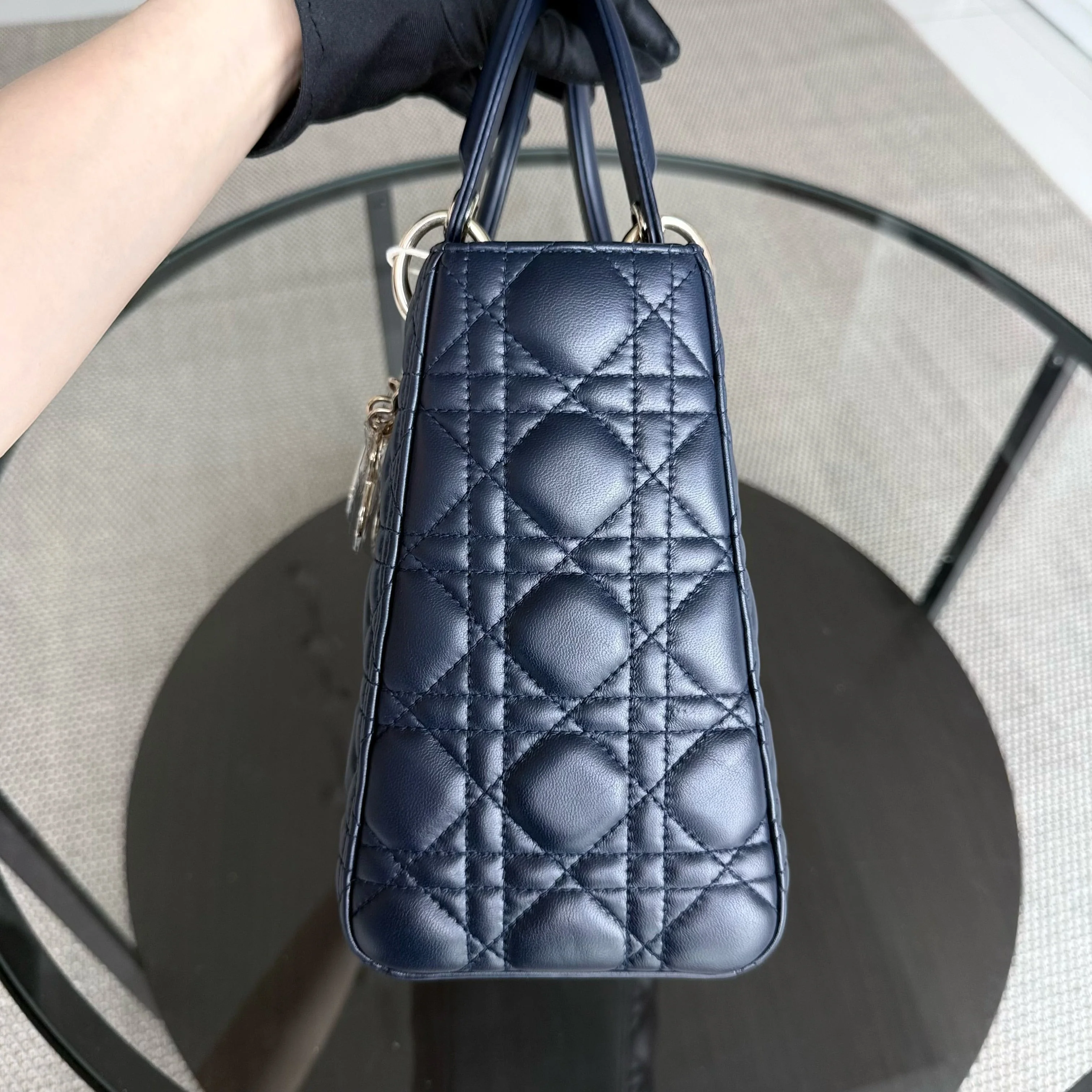 Dior Lady Medium - Cannage Lambskin Dark Blue Gold Hardware Adjustable Strap