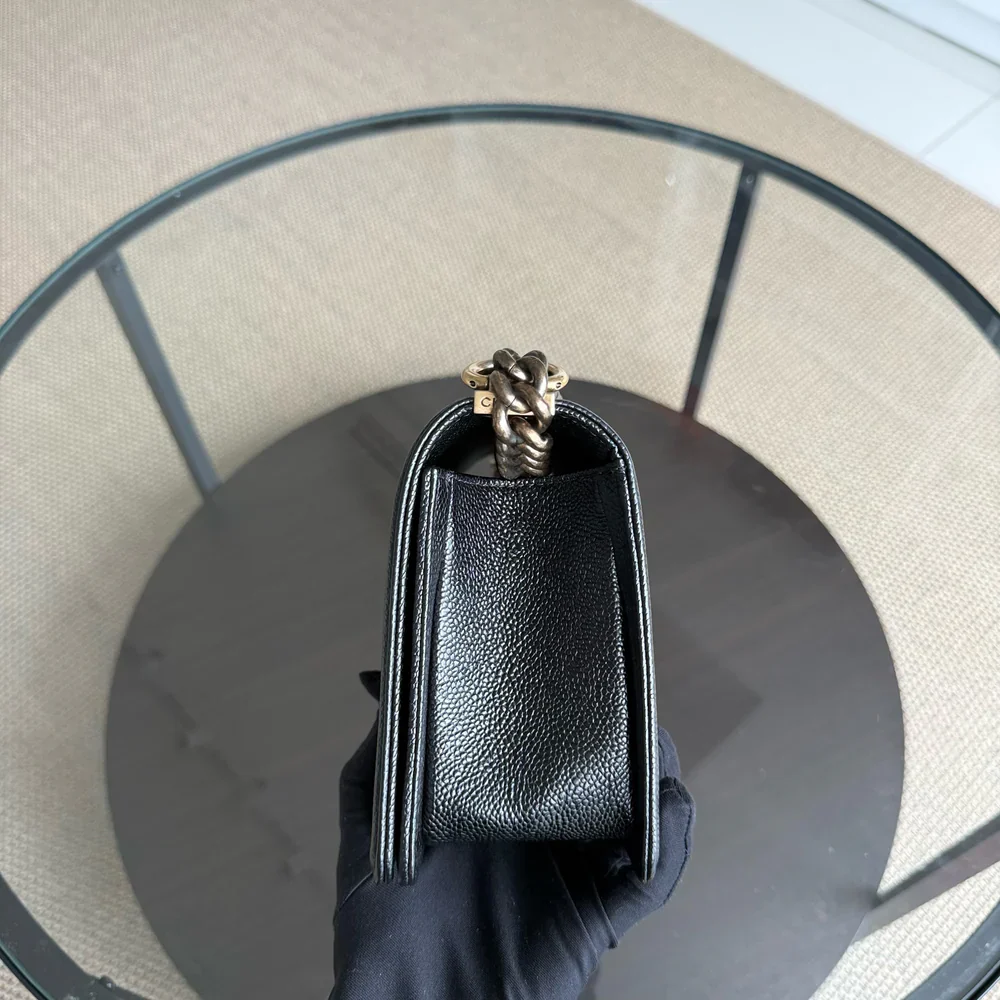 Chanel Boy Medium - Caviar 25CM Quilted Grained Calfskin Black Gold Hardware Series 19