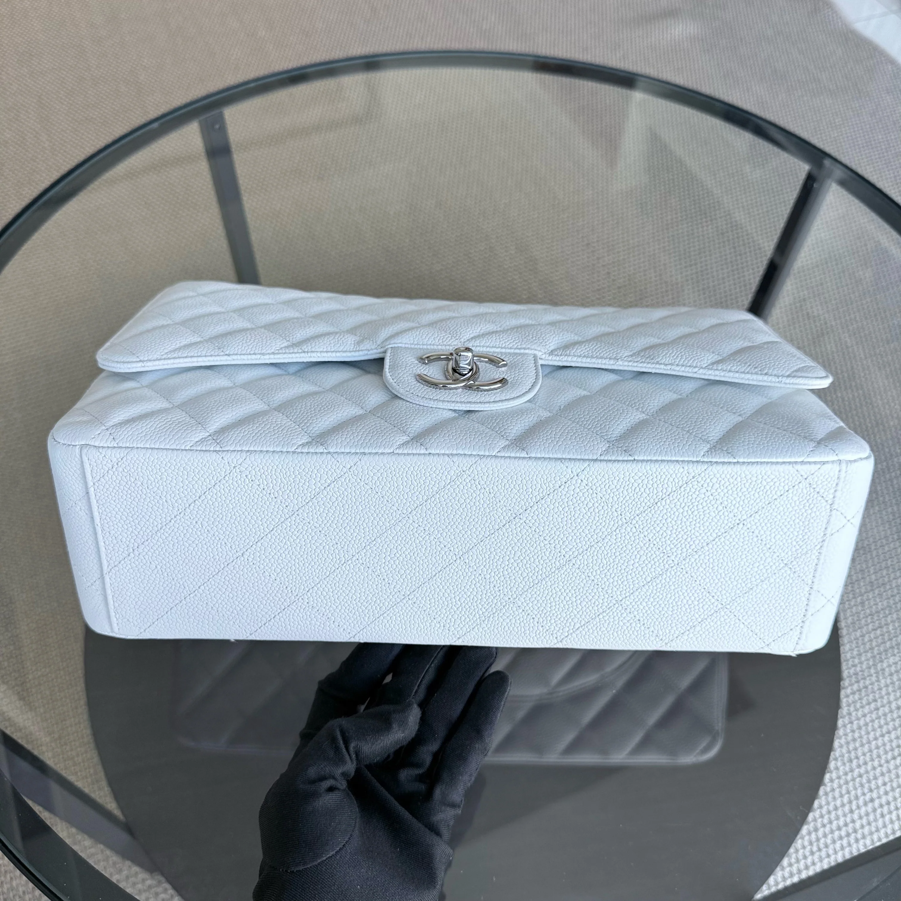 Chanel Classic Flap Maxi - Caviar Double Flap 33CM Quilted White Silver Hardware Series 14