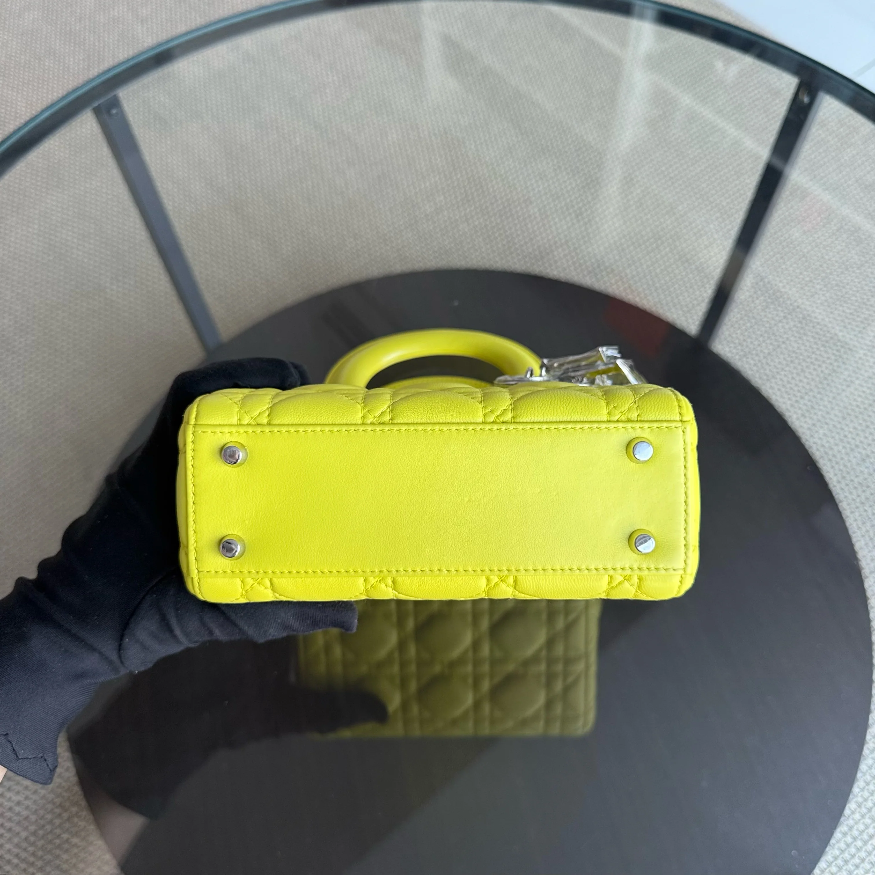 Dior Lady Mini - Cannage Lambskin Yellow Silver Hardware Adjustable Strap