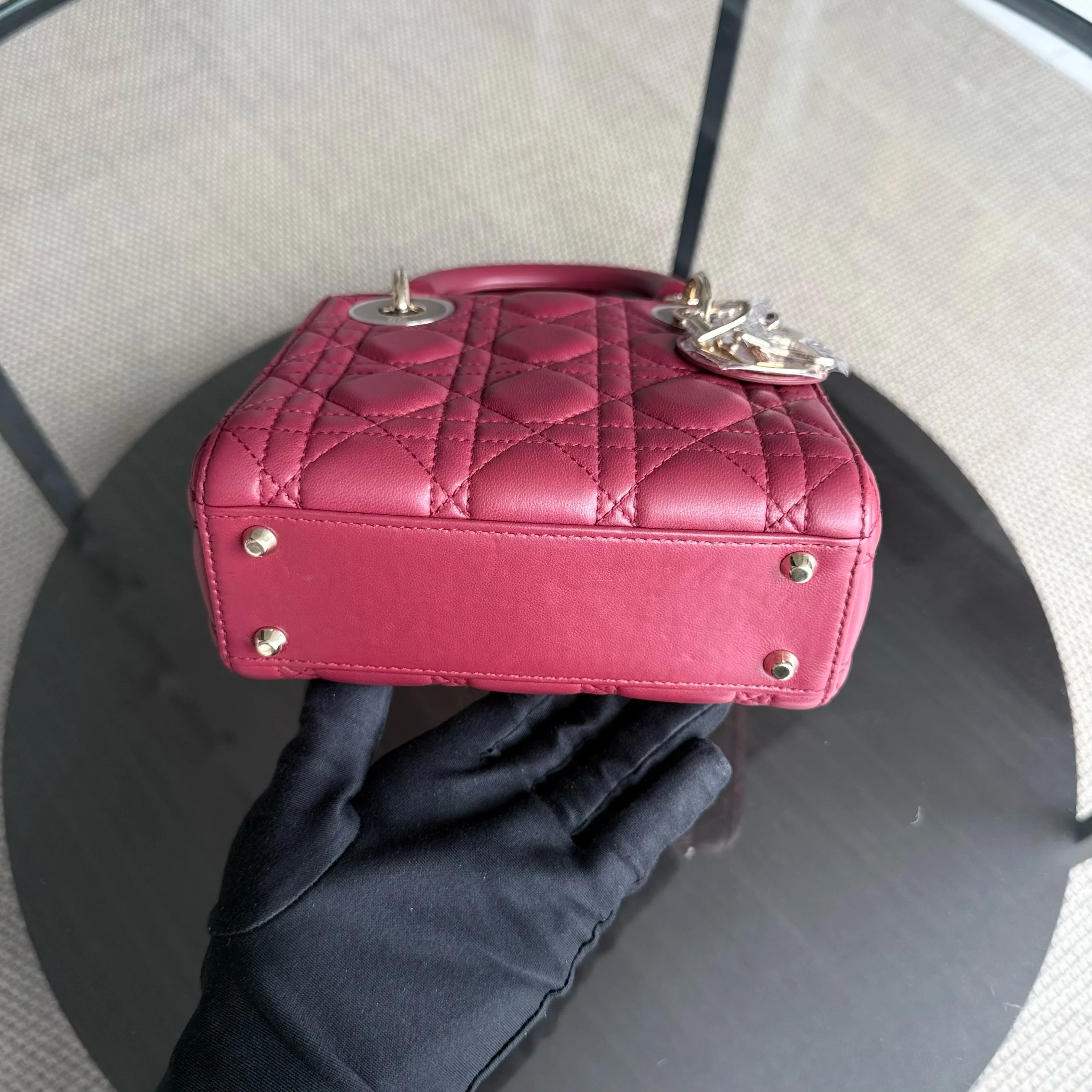 Dior Lady Mini - Cannage Lambskin Dark Red Gold Hardware Chain Strap