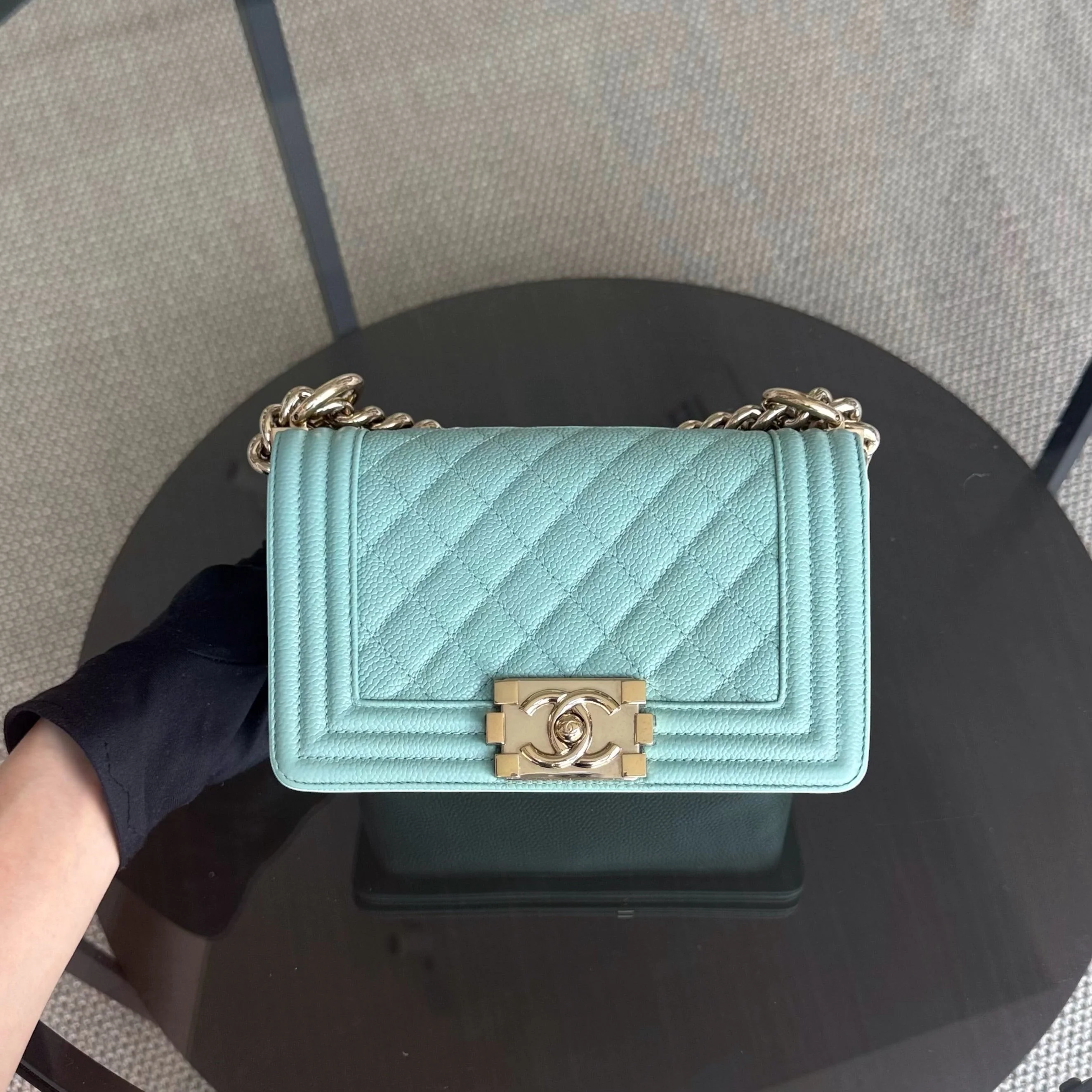 Chanel Boy Small - Caviar 20CM Quilted Tiffany Blue Gold Hardware Series 28