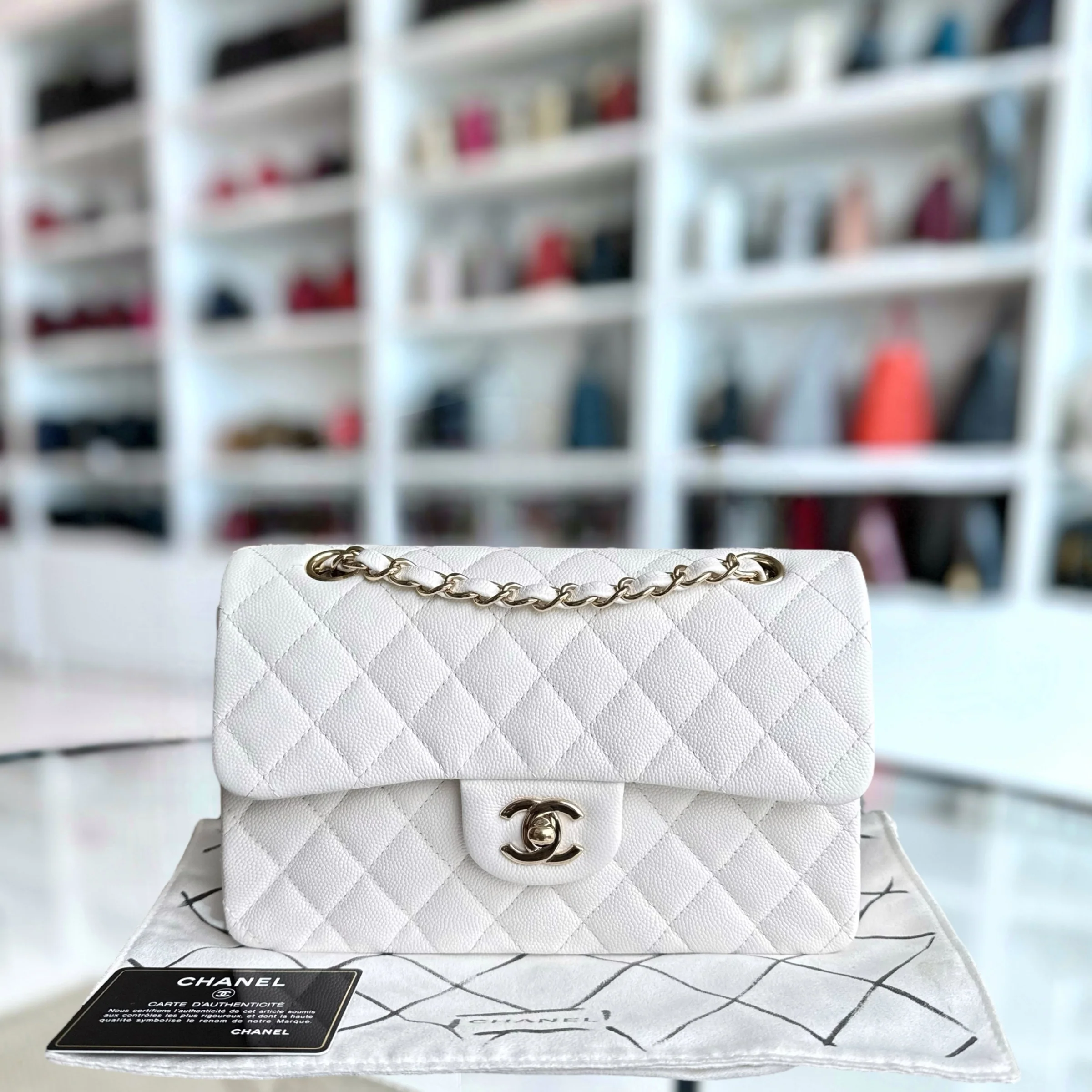 Chanel Classic Flap Small - Caviar 23CM Quilted White Gold Hardware Series 30