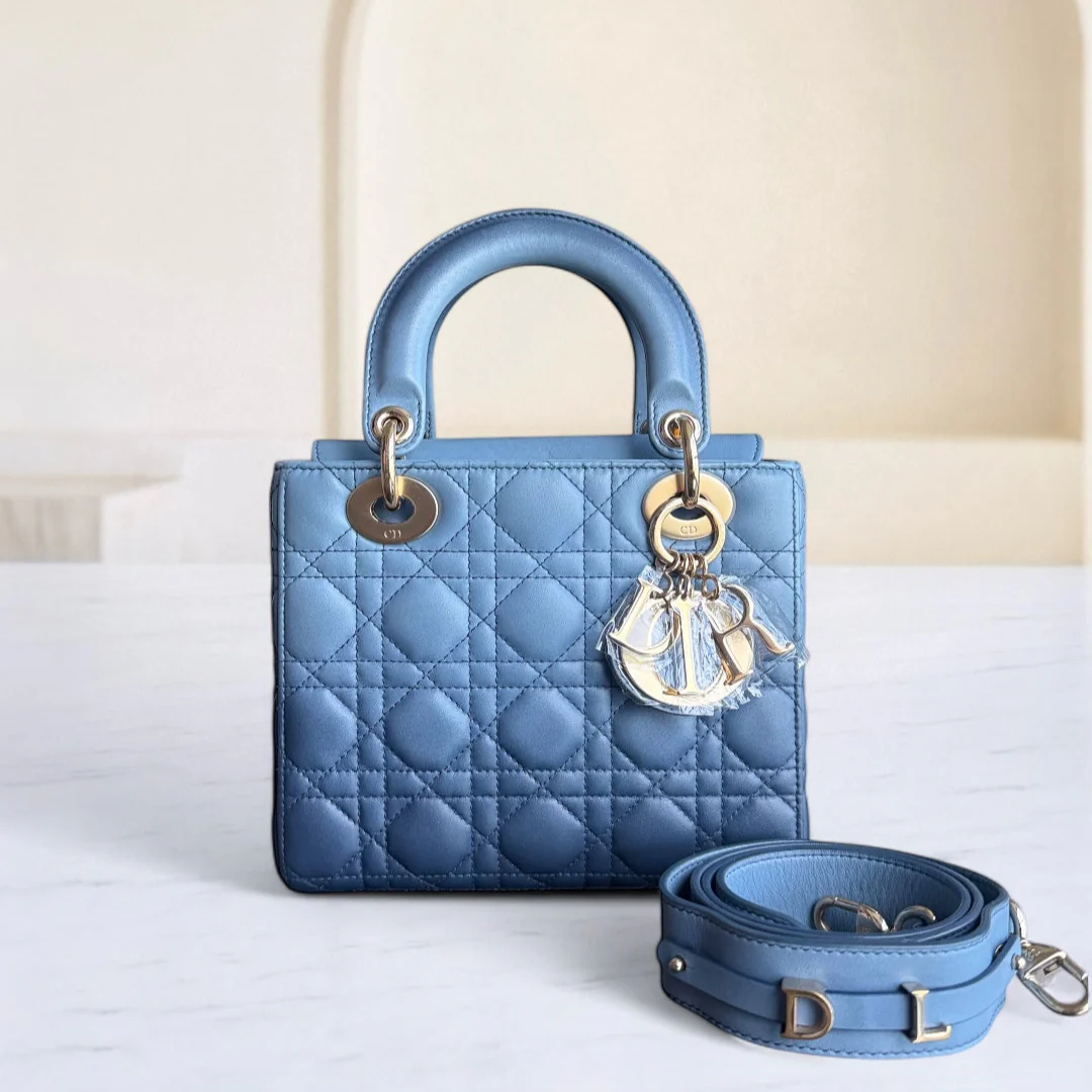 Dior Lady Small Flap - Cannage Lambskin Blue Gold Hardware MyABC