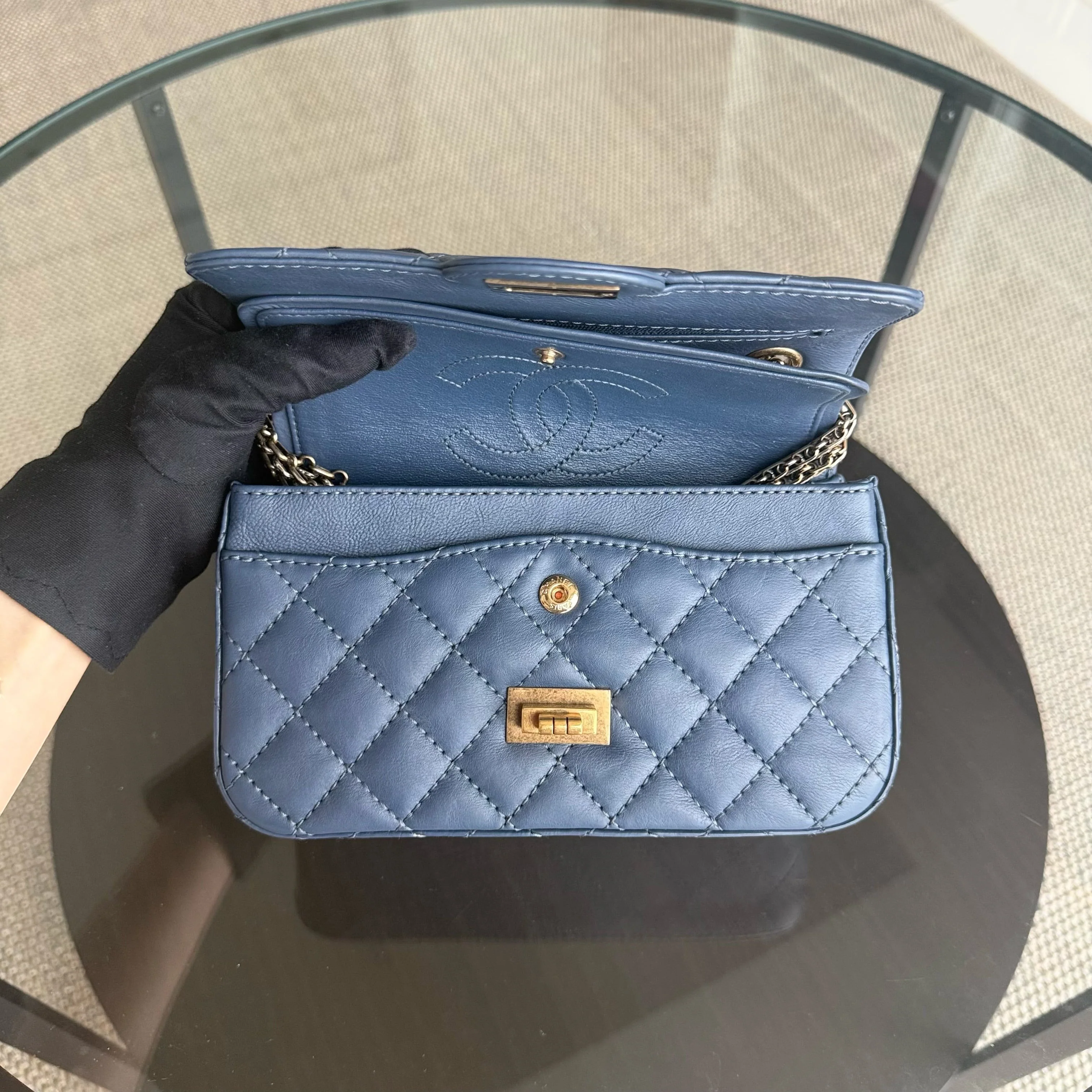 Chanel 2.55 Reissue Mini - 20CM Quilted Caviar Aged Grained Calfskin Blue Gold Hardware Series 23