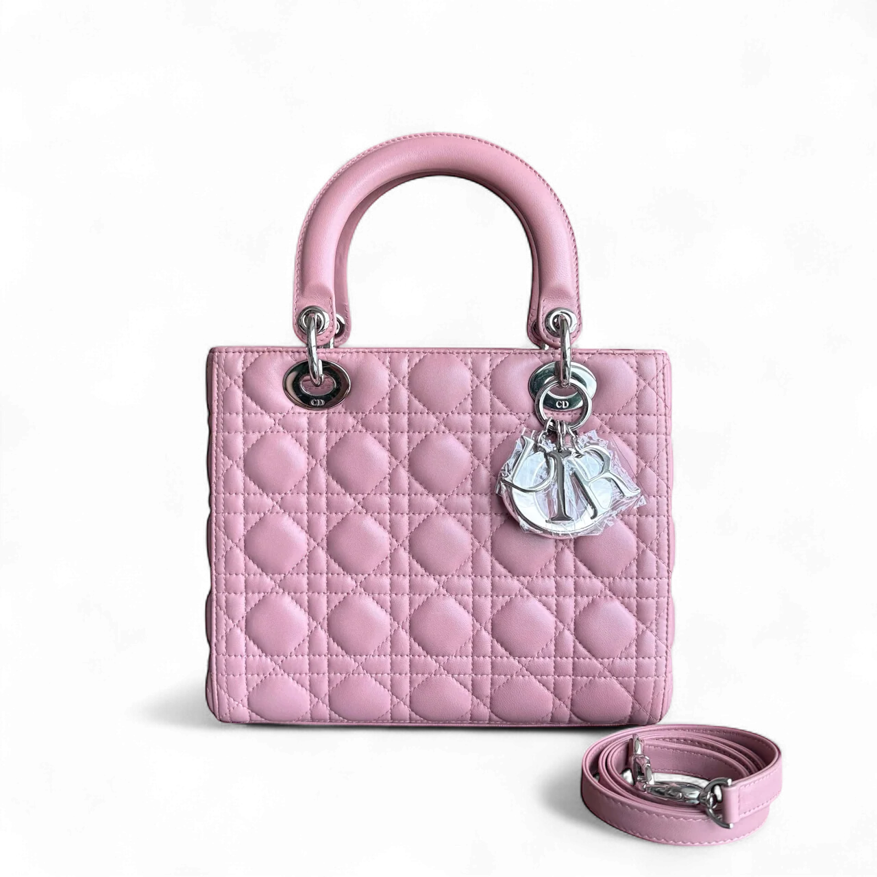 Dior Lady Medium Cannage Lambskin Pink Silver Hardware