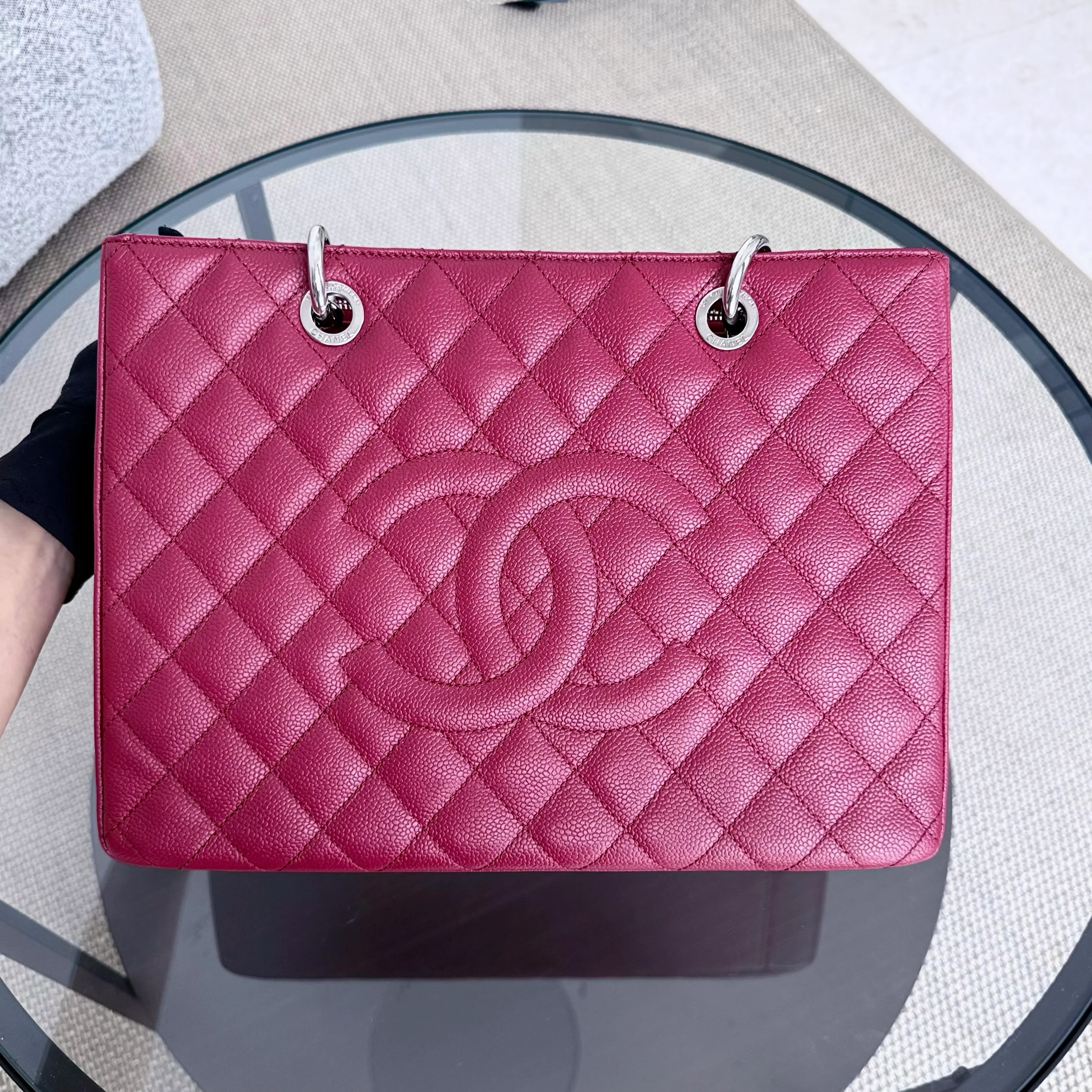 Chanel GST Grand Shopping Tote - Caviar Quilted Dark Red Silver Hardware