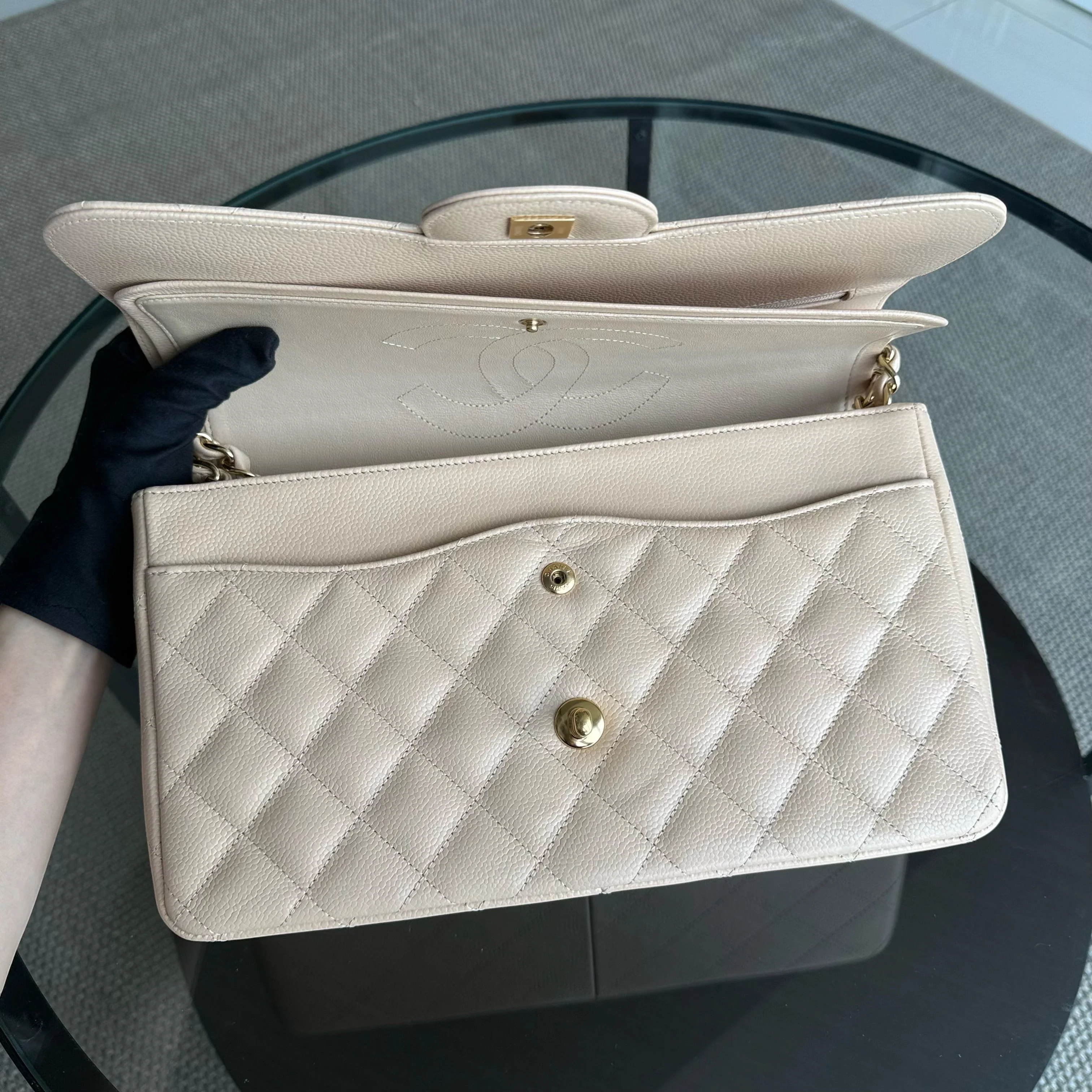 Chanel Classic Flap Jumbo - Caviar Quilted Double Flap Light Beige Gold Hardware