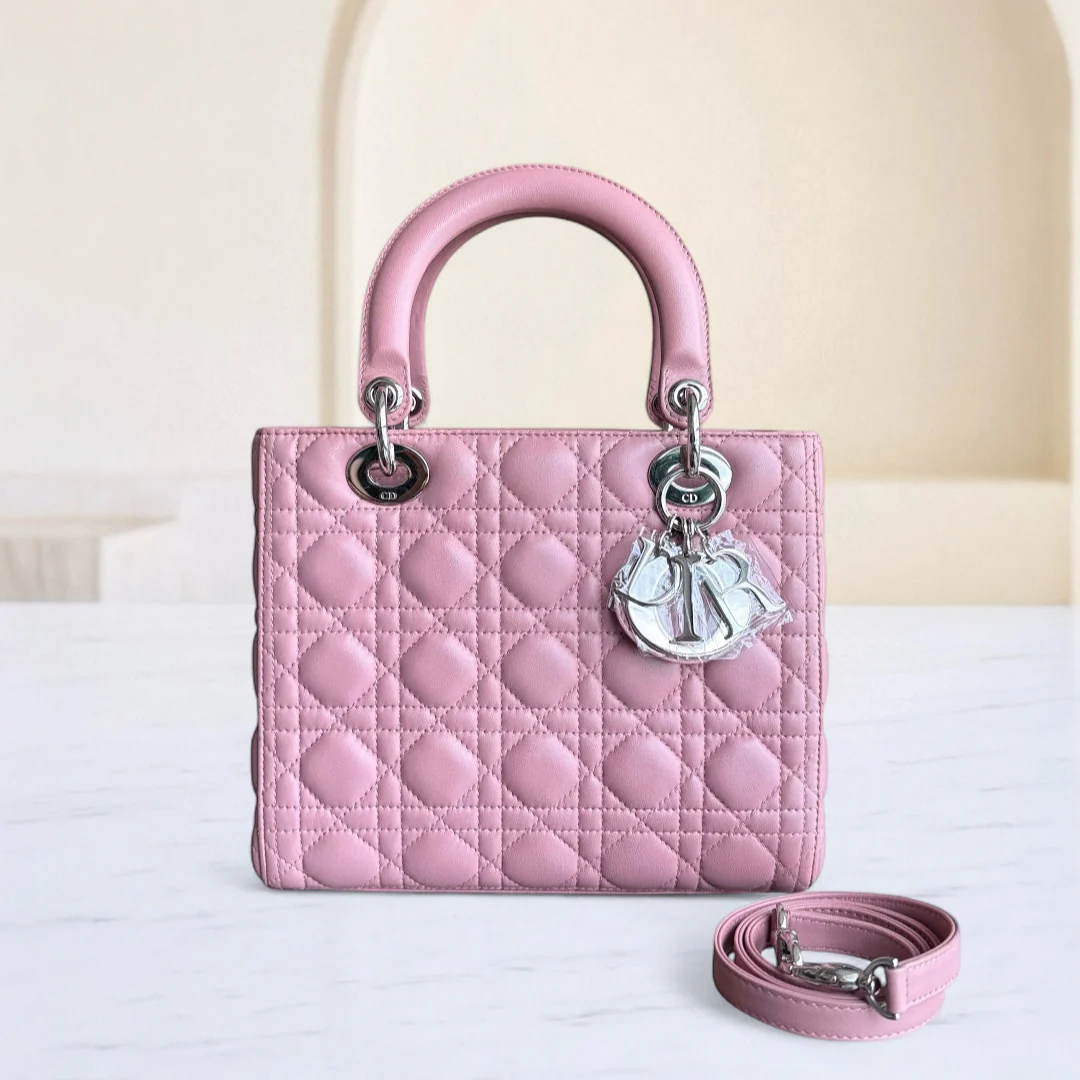 Dior Lady Medium Cannage Lambskin Pink Silver Hardware