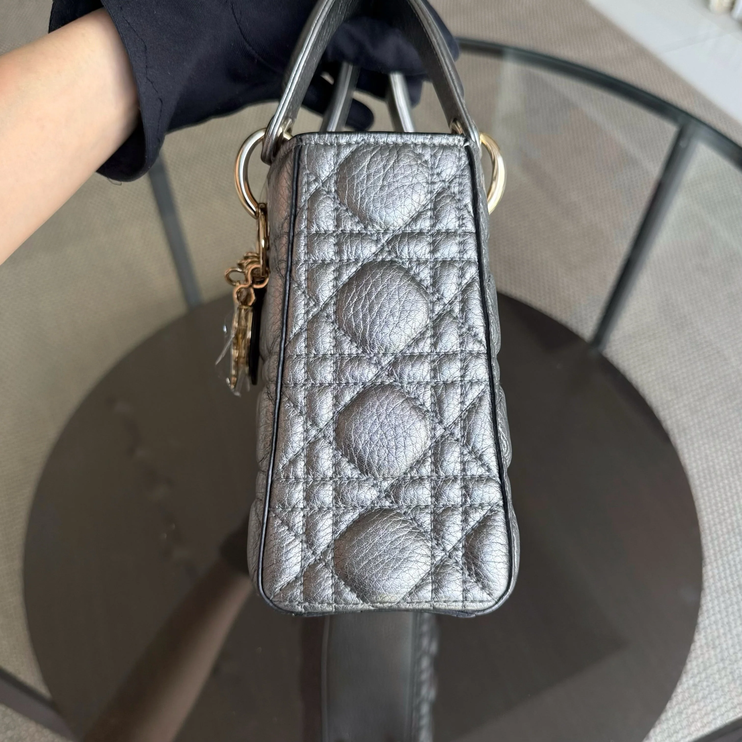 Dior Lady Small - Cannage Gray Calfskin Gold Hardware