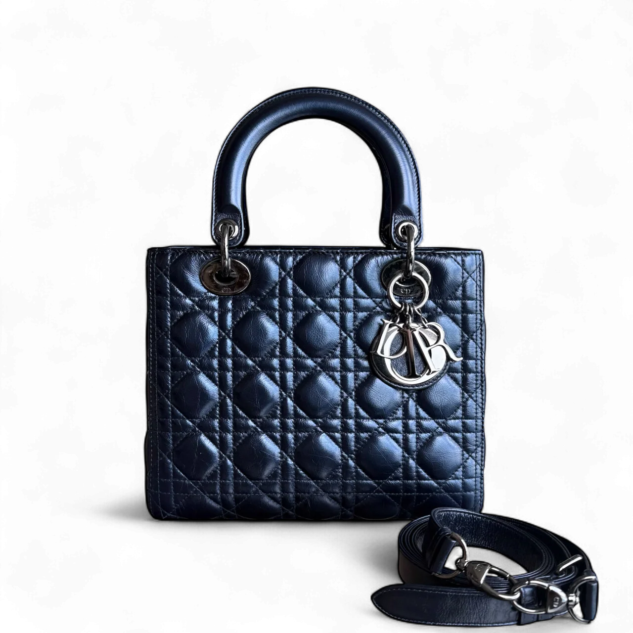 Dior Lady Medium Cannage Glazed Calfskin Dark Blue Silver Hardware