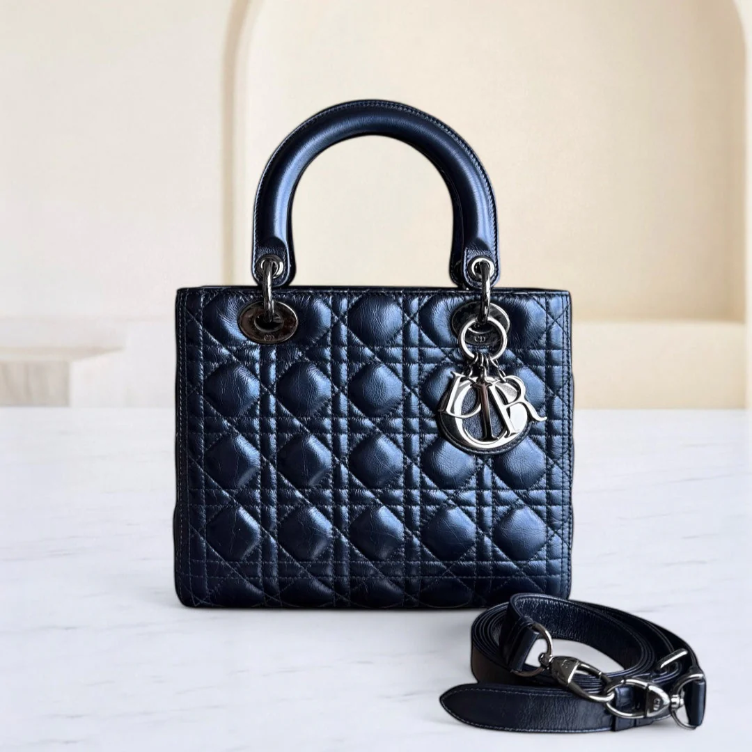 Dior Lady Medium Cannage Glazed Calfskin Dark Blue Silver Hardware