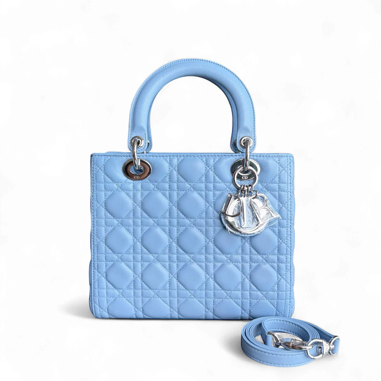 Dior Lady Medium Cannage Lambskin Light Baby Blue Silver Hardware