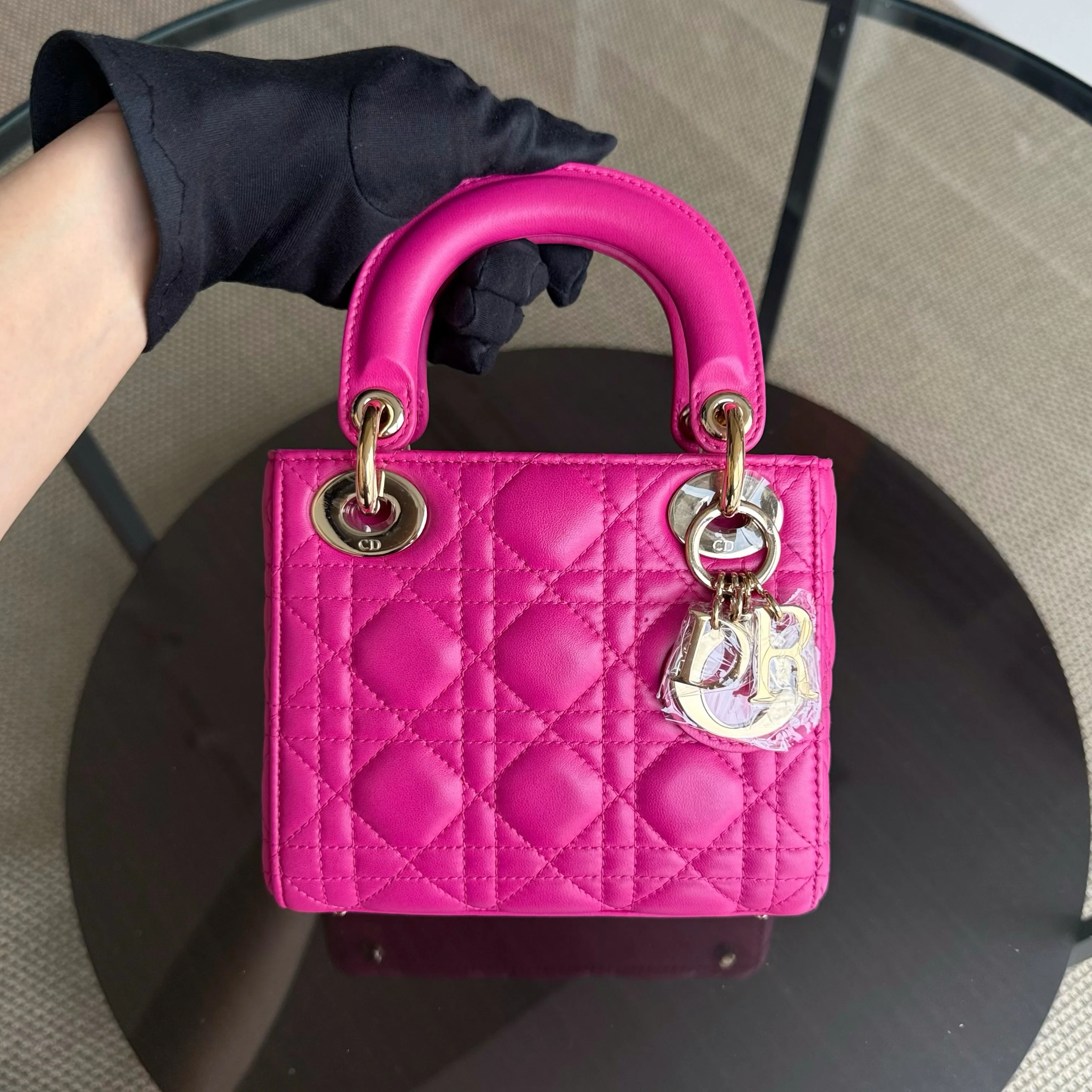 Dior Lady Mini - Cannage Lambskin Hot Pink Gold Hardware Chain Strap